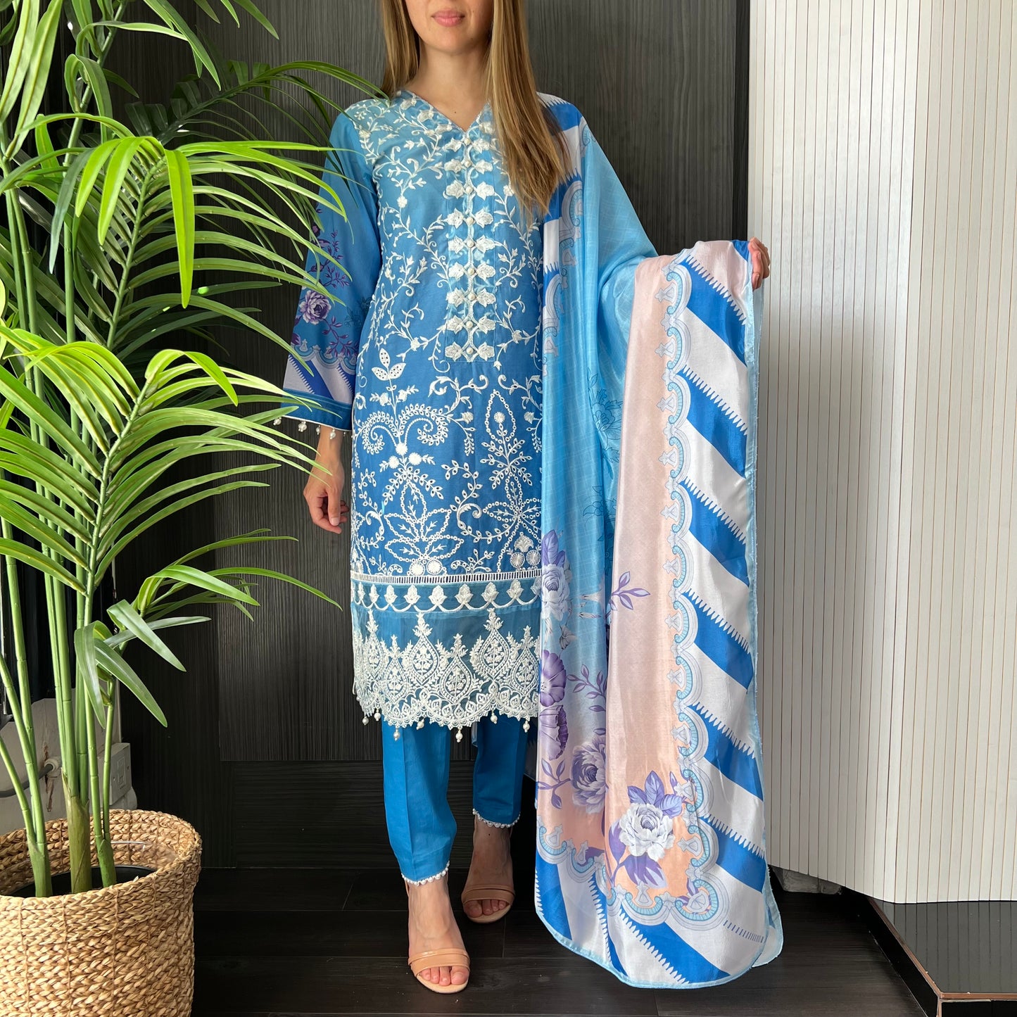 Crimson Inspired Blue Ombre Embroidered Chickankari Lawn Suit