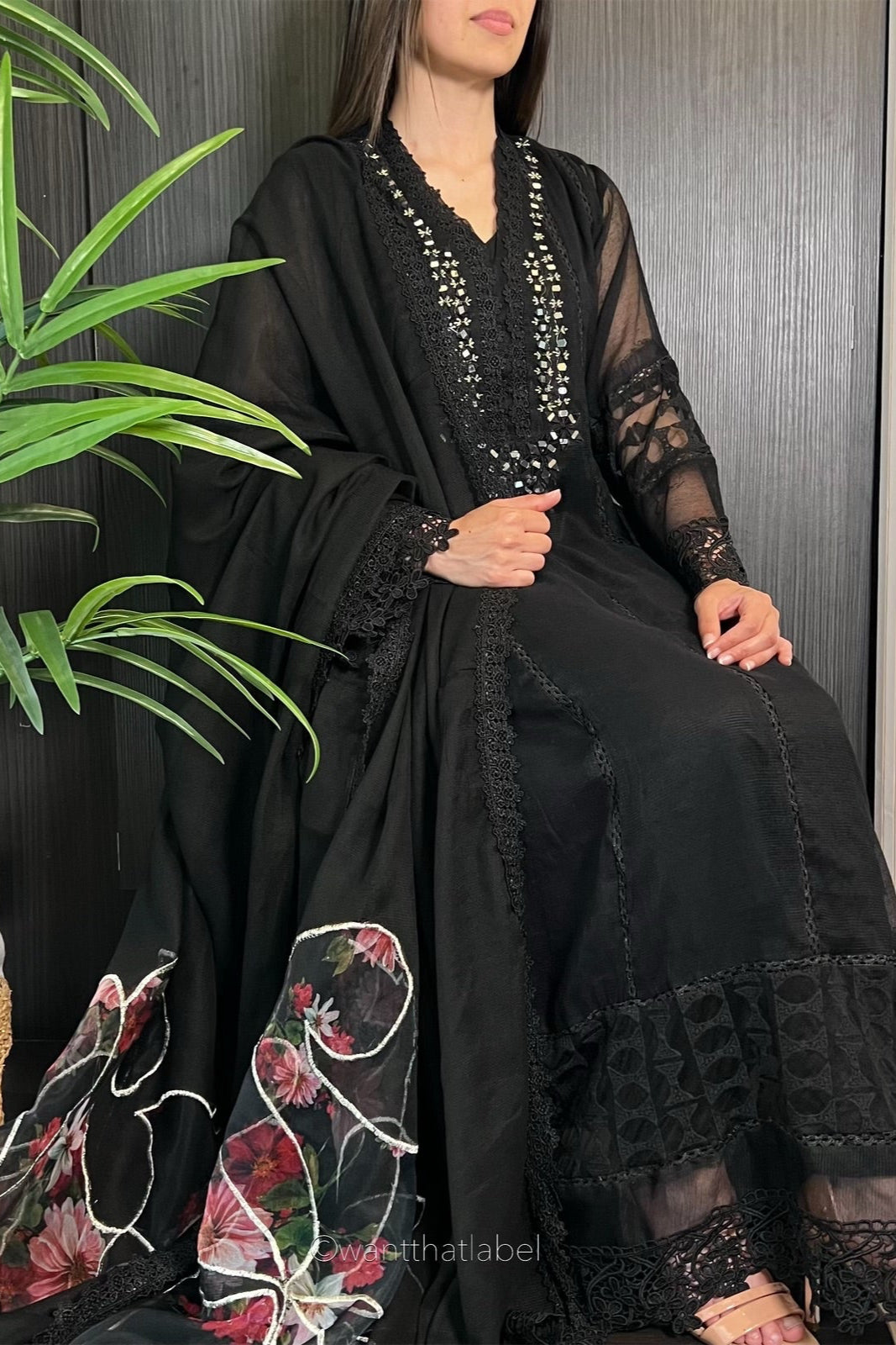 Maya Black Mirror Embroidered A-Line Dress Suit