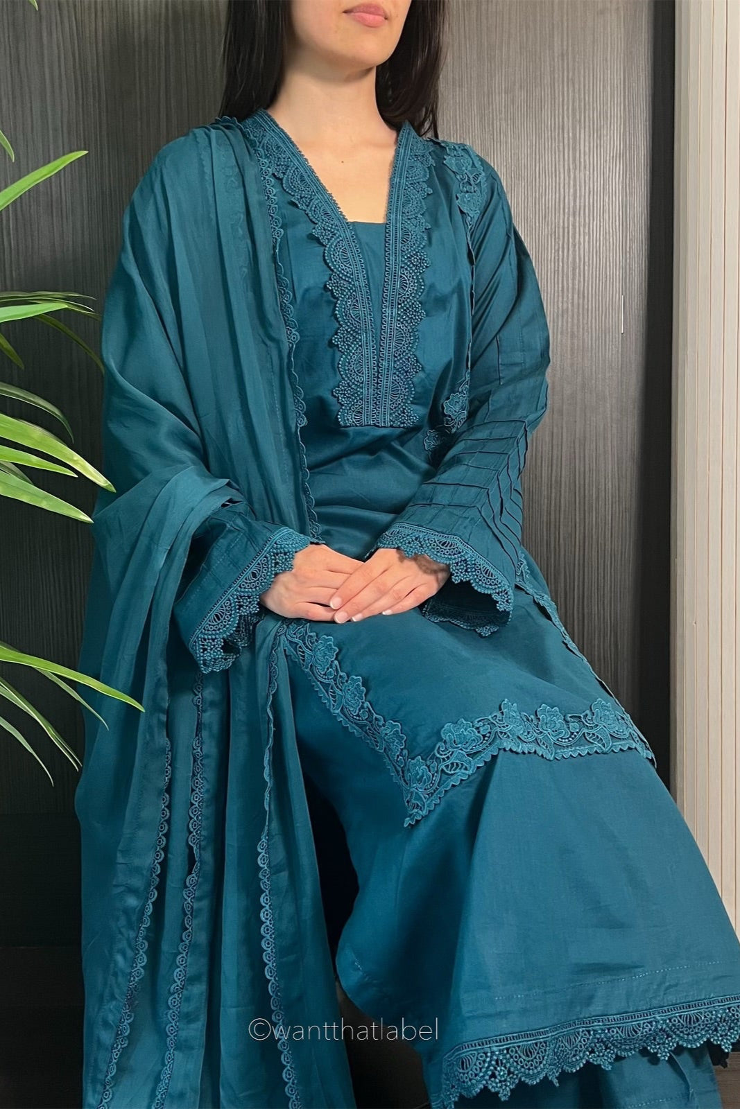 Anam Teal Cotton Lace Detailed Long Kameez Suit