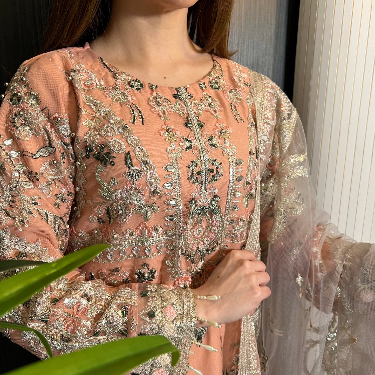 Peach Pink Heavily Embroidered Handwork Net Suit