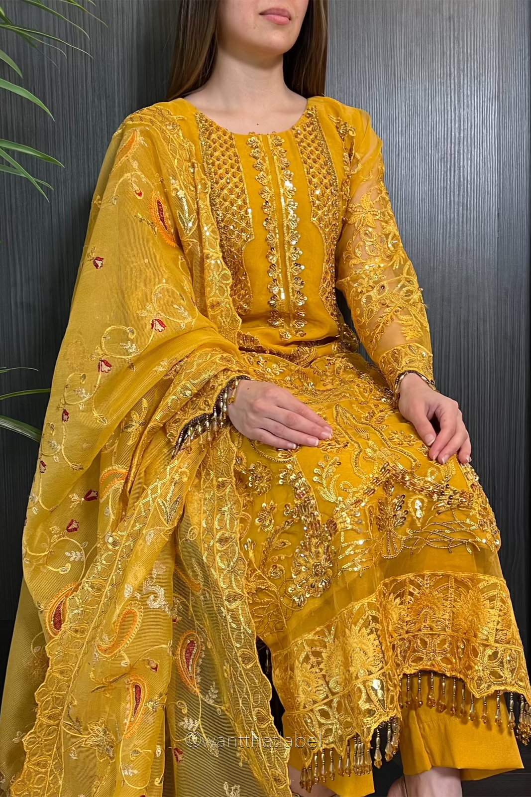 Prêt Nisa Mustard Heavily Embroidered Organza Suit