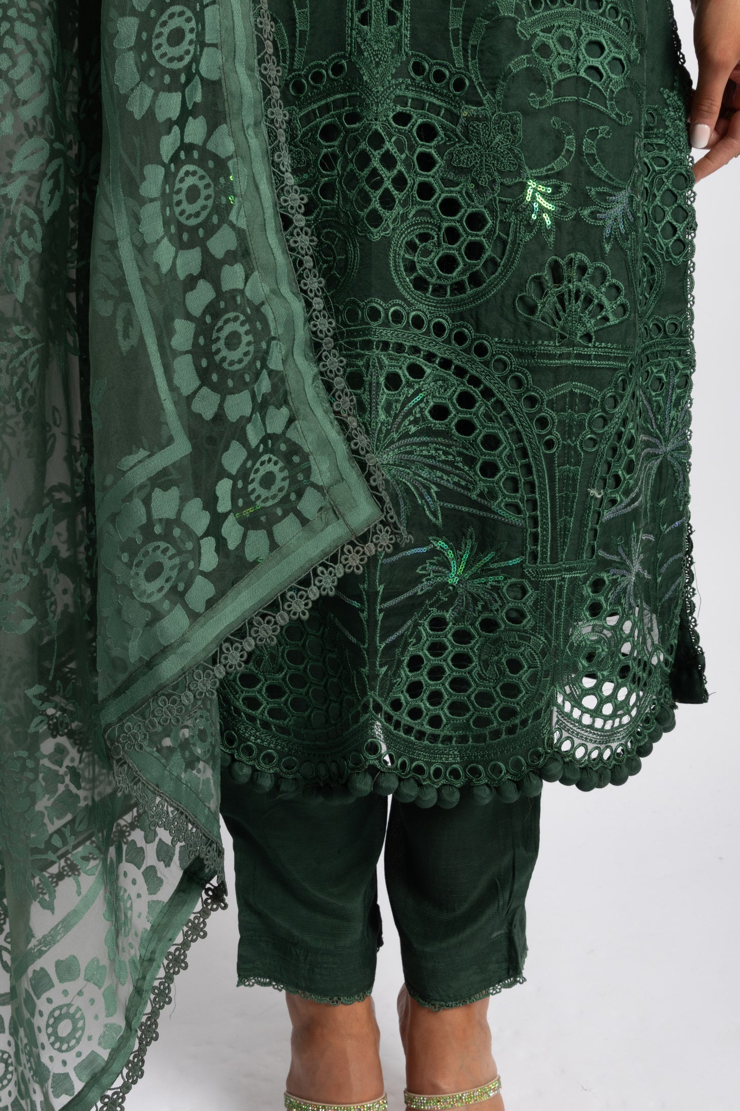 Looms Bottle Green Hand Embroidered Cutwork Cotton Suit