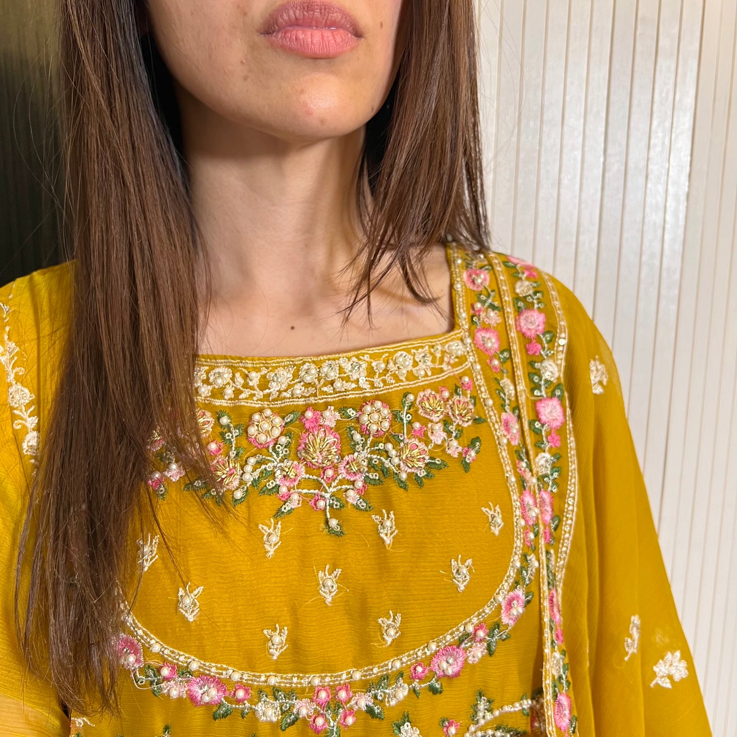 Agha Noor Mustard Yellow Embroidered Chiffon Suit