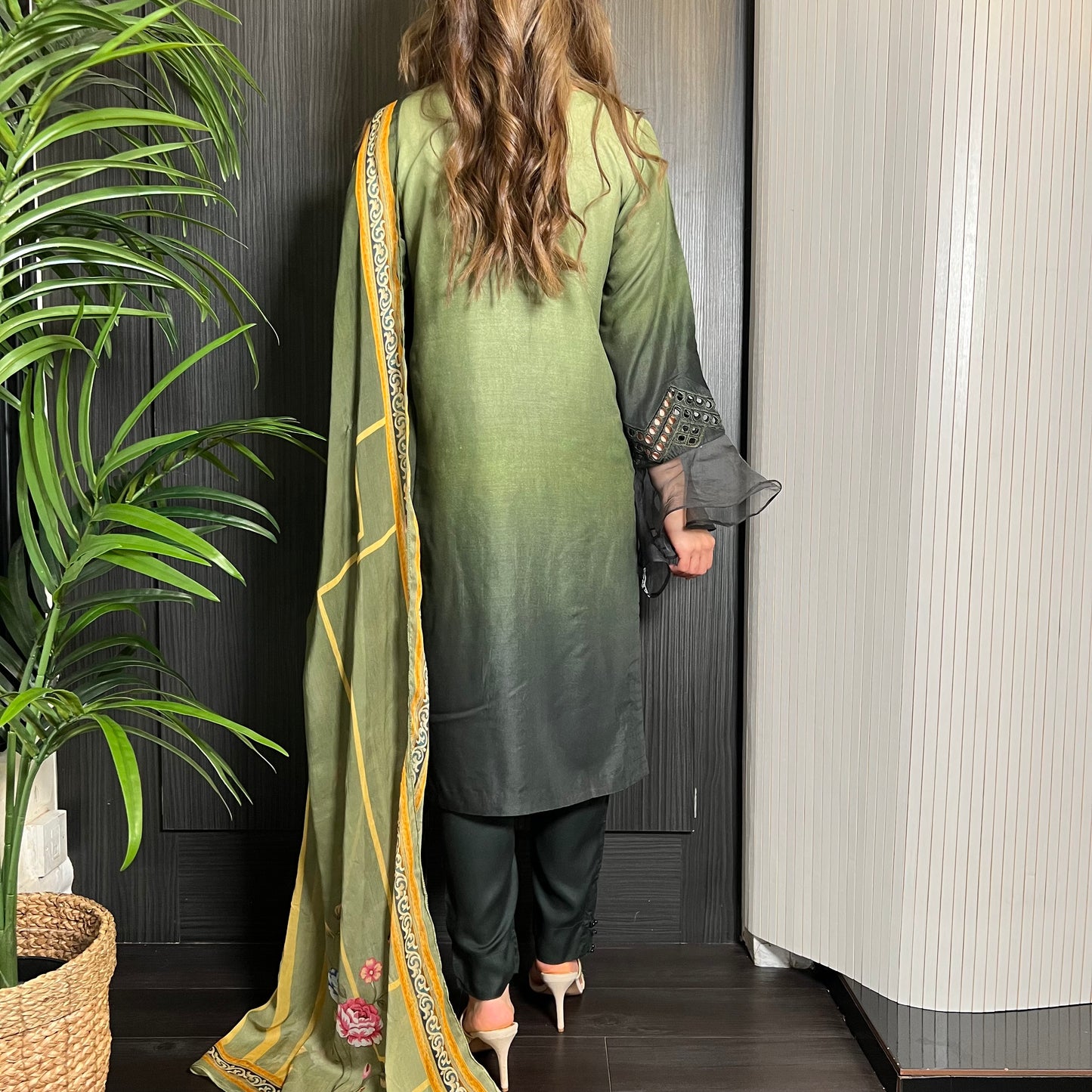 Green Ombre Mirror Embroidered Chikankari Suit