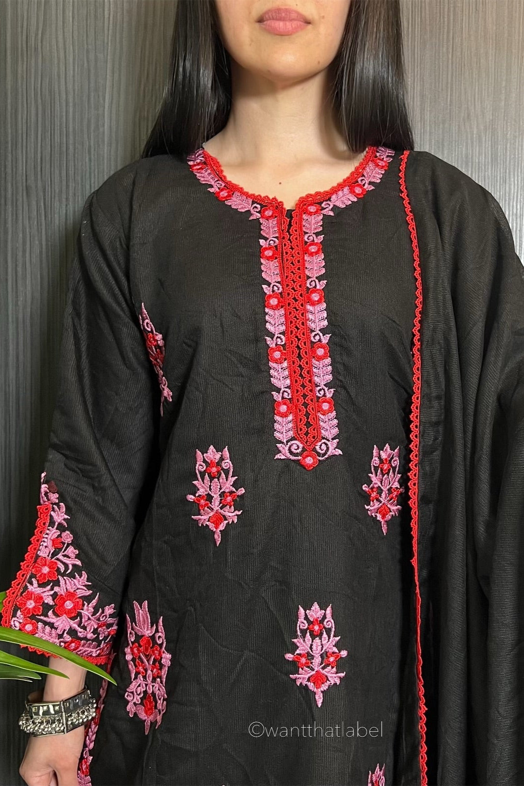 Sameera Black Red Pink Embroidered Khadi Net Suit