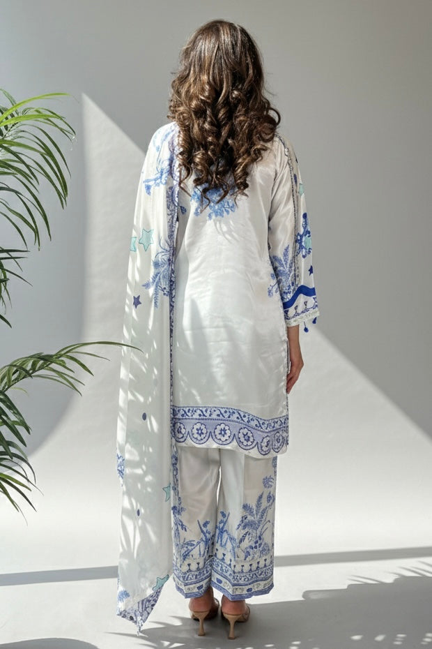 Freya White Blue Printed Satin Silk 3 Piece Suit