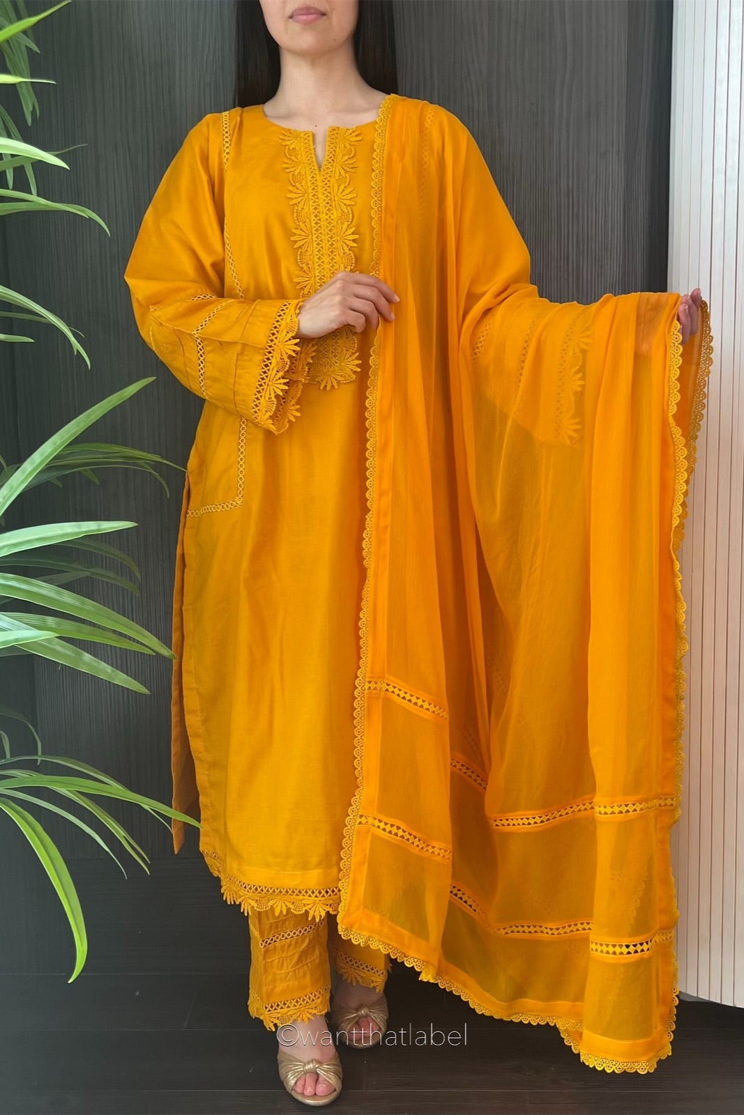 Asma Mustard Cotton Lace Detailed Long Kameez Suit