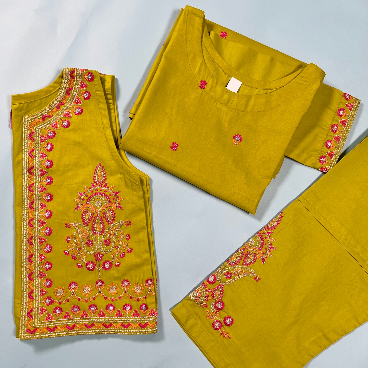 Kids Lime Waistcoat Embroidered Lawn Kurta Suit