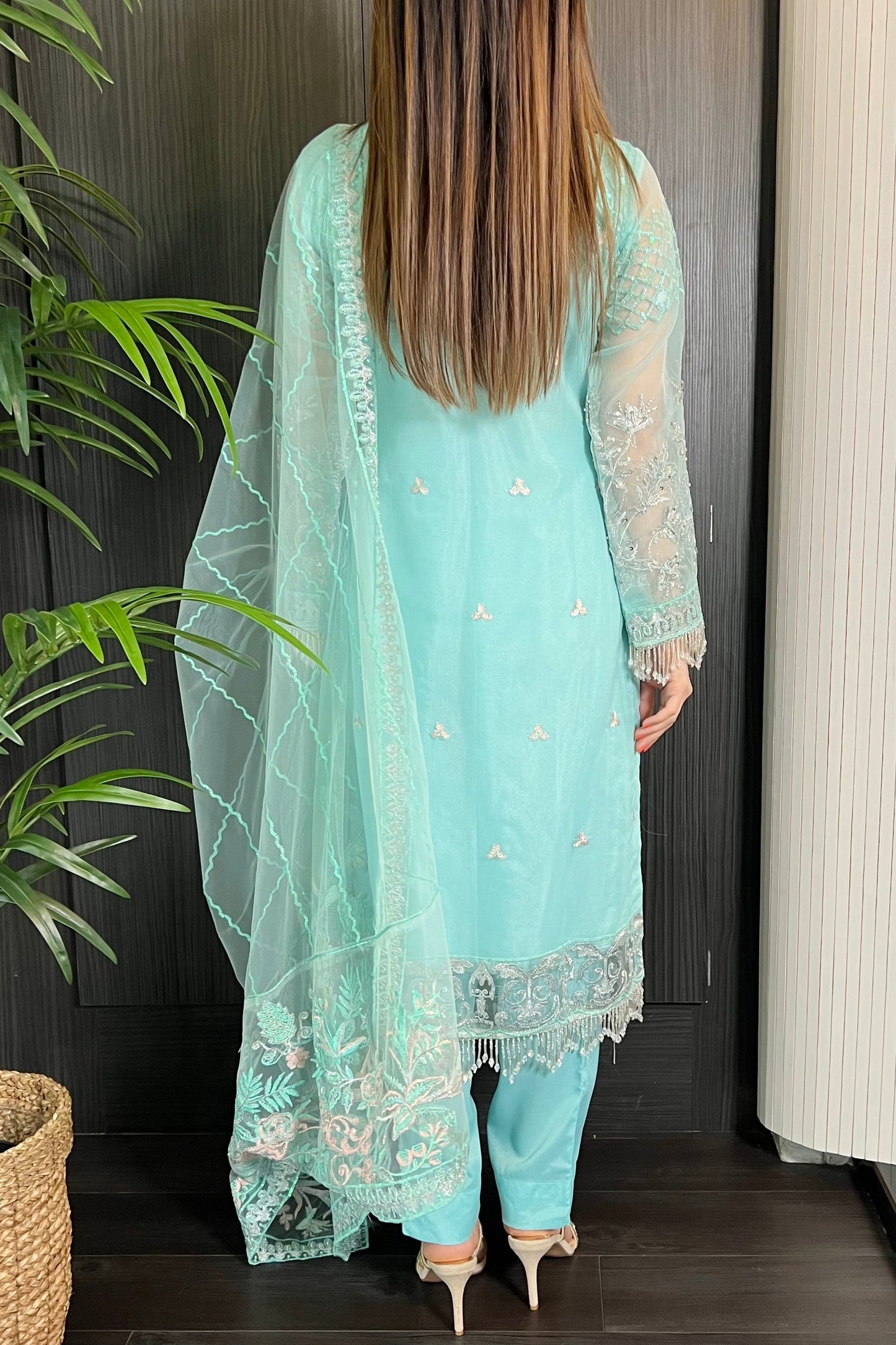 Prêt Ice Blue Heavily Embroidered Organza Suit