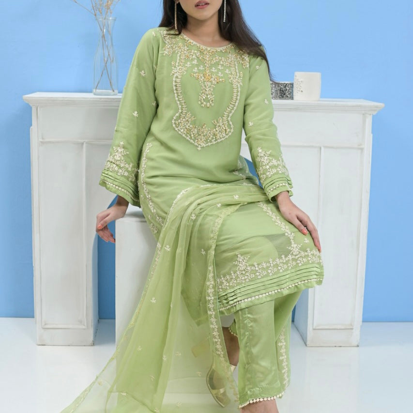 Mummy & Me Ladies Green Chiffon Hand Embroidered Suit
