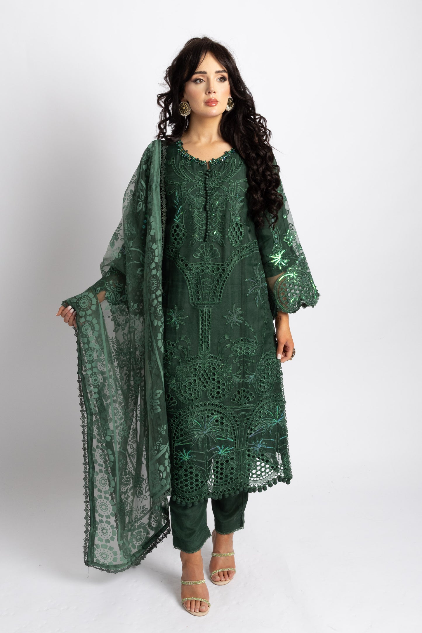 Looms Bottle Green Hand Embroidered Cutwork Cotton Suit