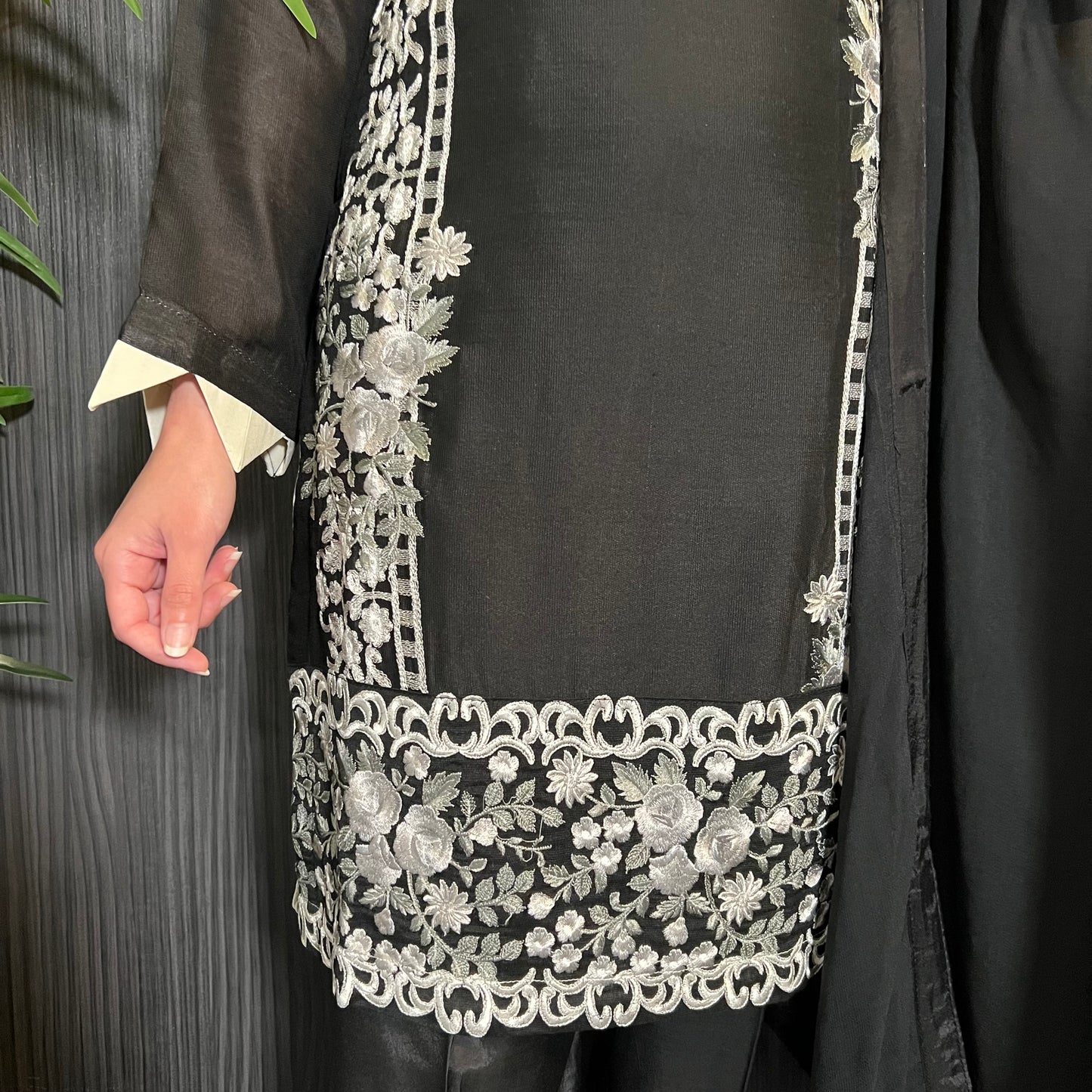 Areeba Saleem Original Black Collared White Grey Embroidered Suit