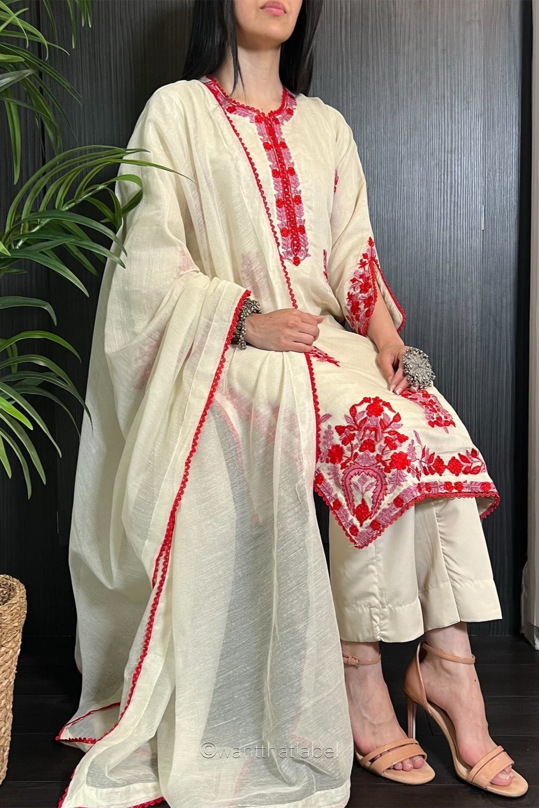Kirrum Ivory Red Pink Embroidered Khadi Net Suit