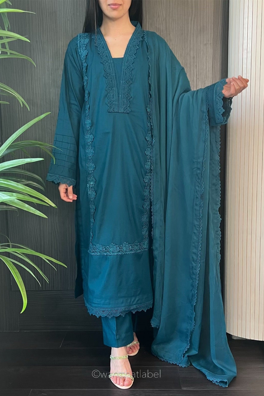 Anam Teal Cotton Lace Detailed Long Kameez Suit