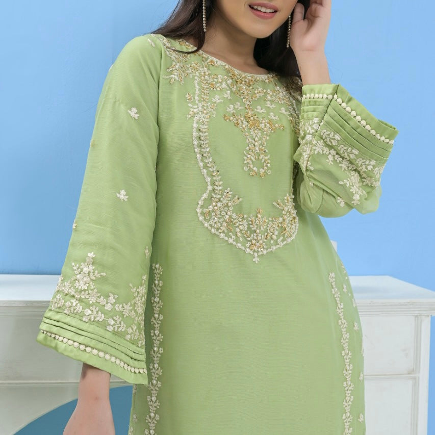 Mummy & Me Ladies Green Chiffon Hand Embroidered Suit