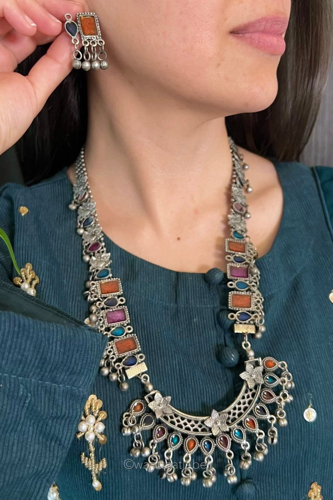 Tara Silver Oxidized Multi Long Hanging Necklace Earrings Set