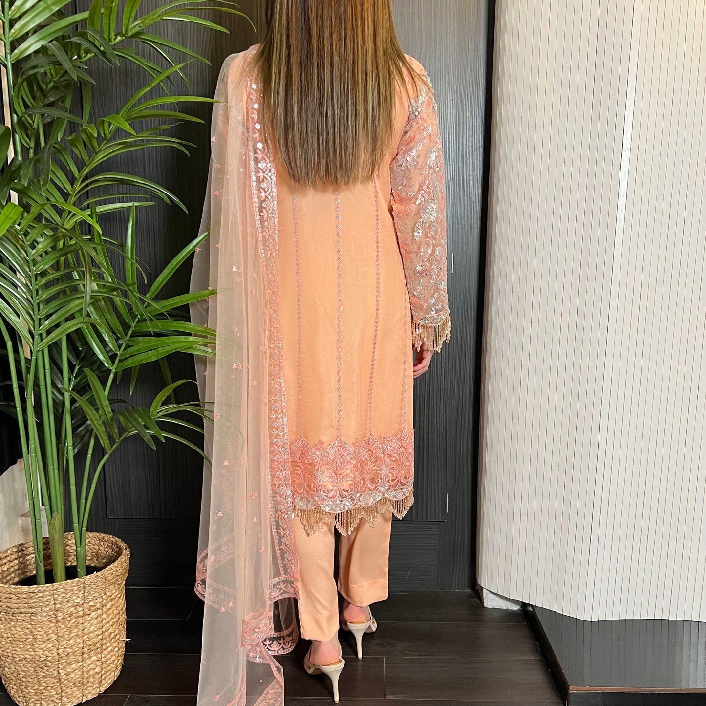 Prêt Peach Silver Heavily Embroidered Organza Suit