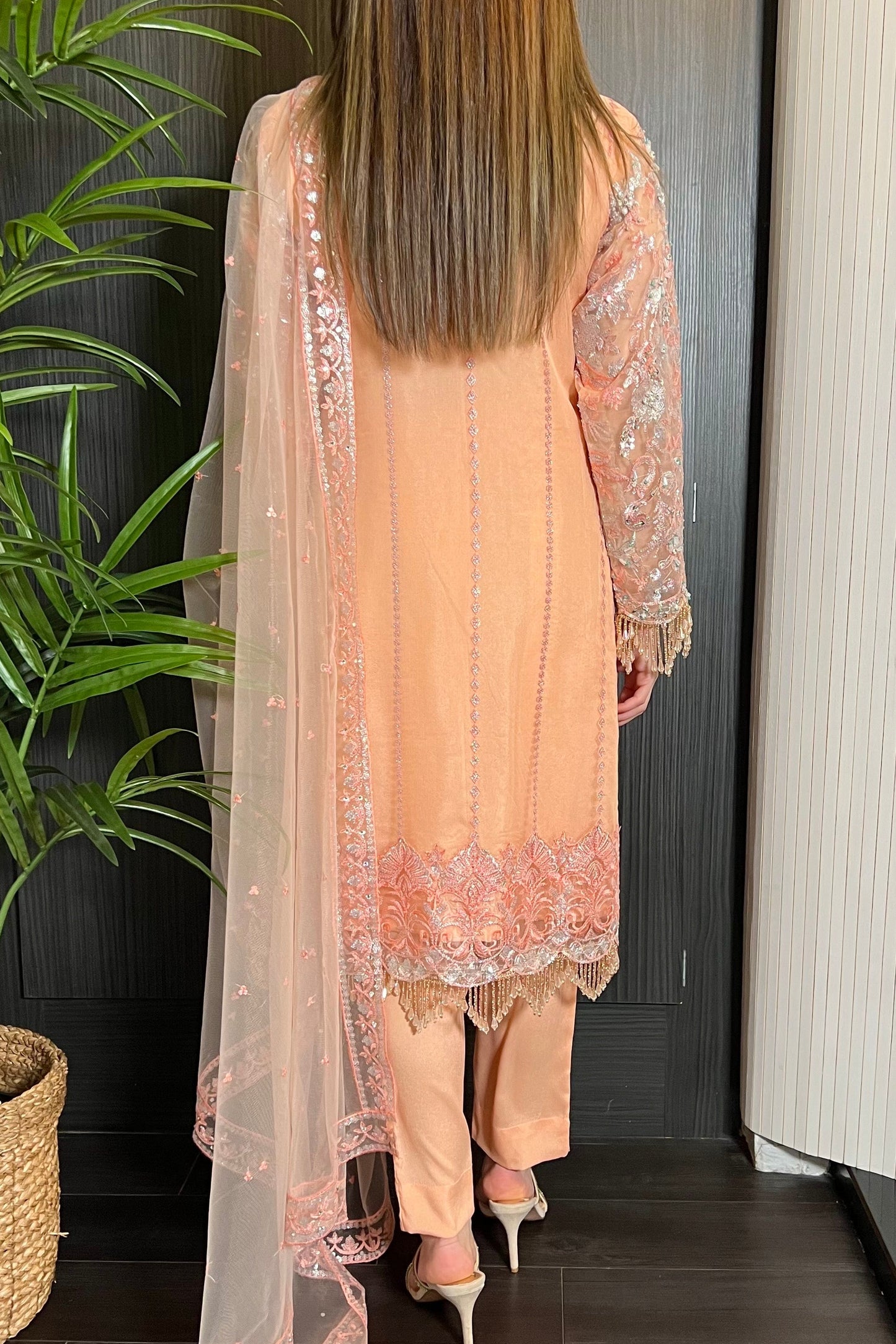 Prêt Peach Silver Heavily Embroidered Organza Suit