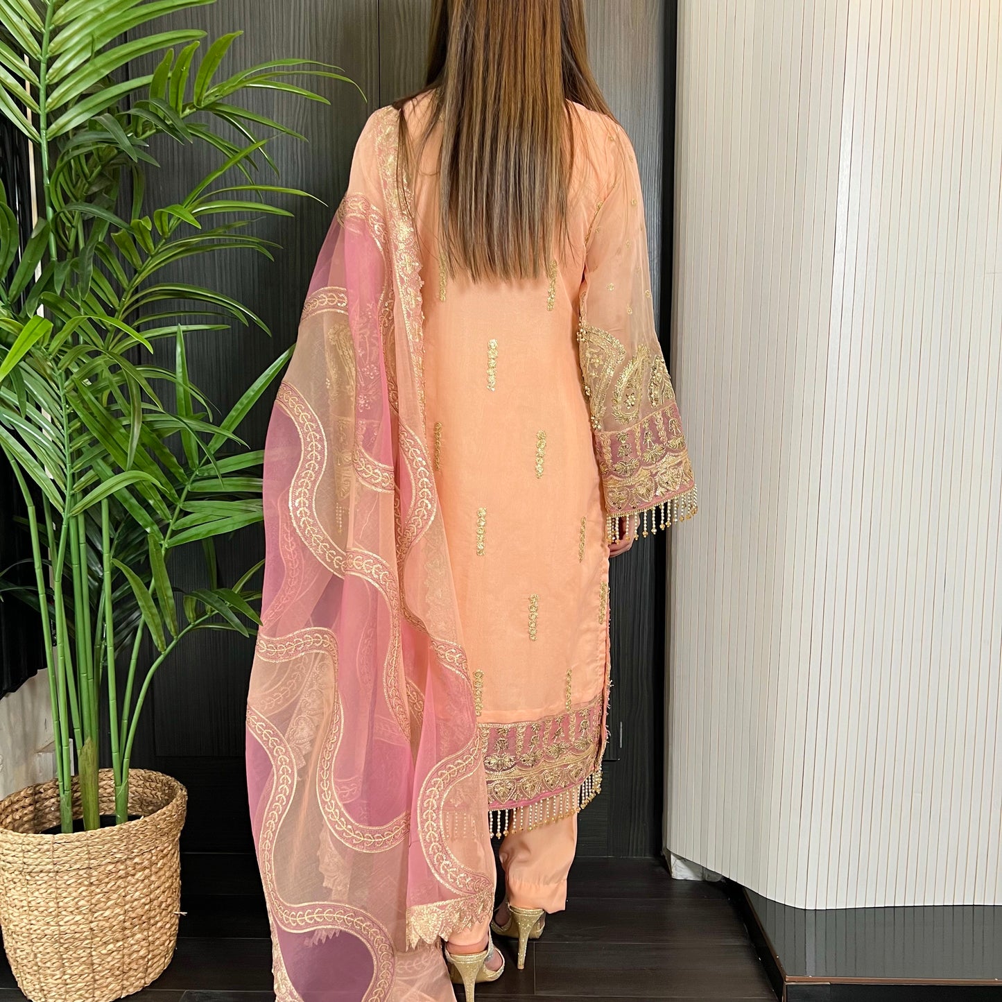 Prêt Peach Pink Heavily Embroidered Organza Suit