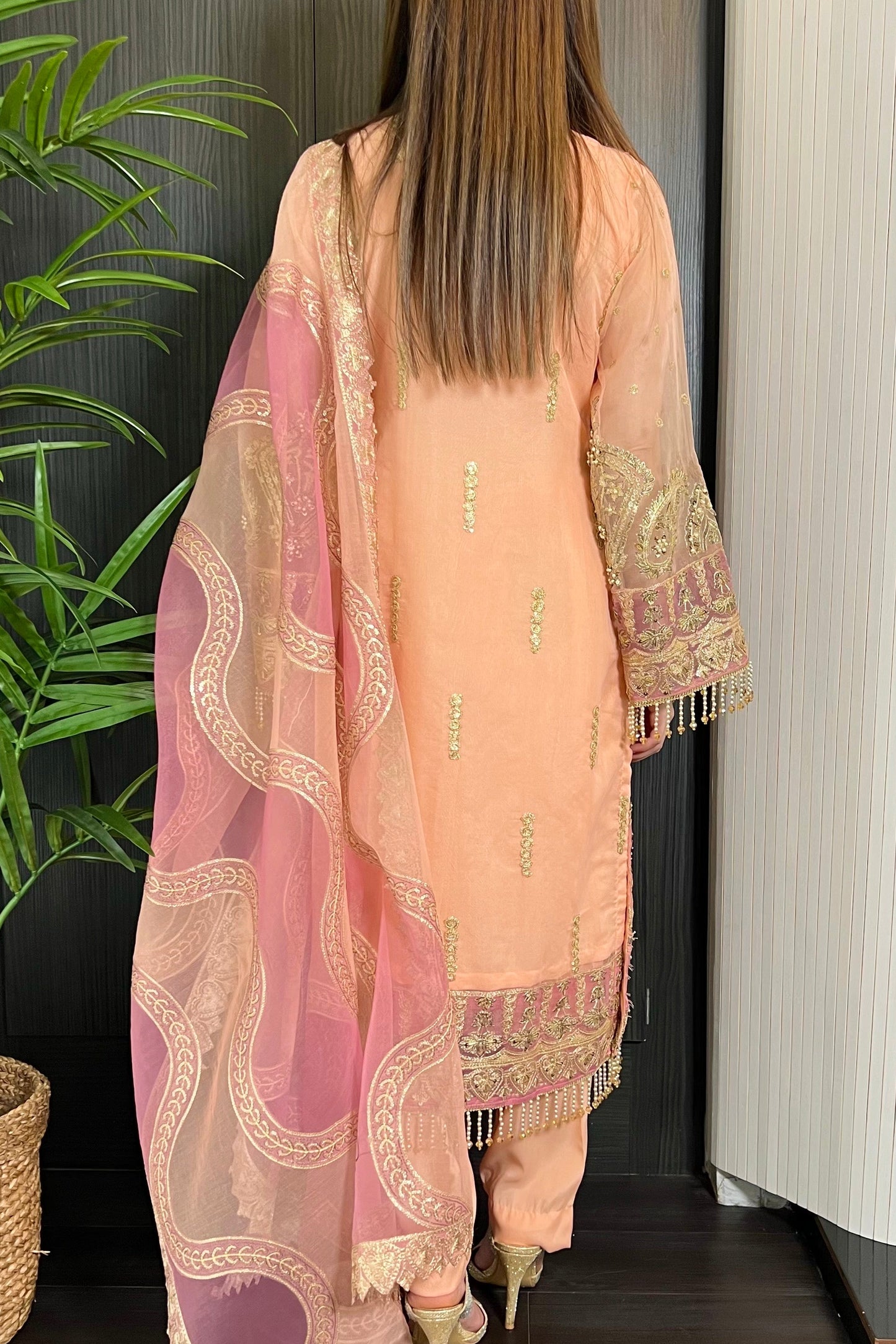 Prêt Peach Pink Heavily Embroidered Organza Suit - WANT THAT LABEL
