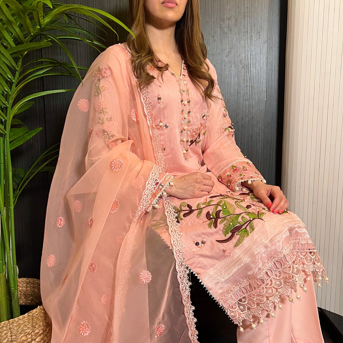 Pink Heavily Embroidered Mirror Khadi Net Suit