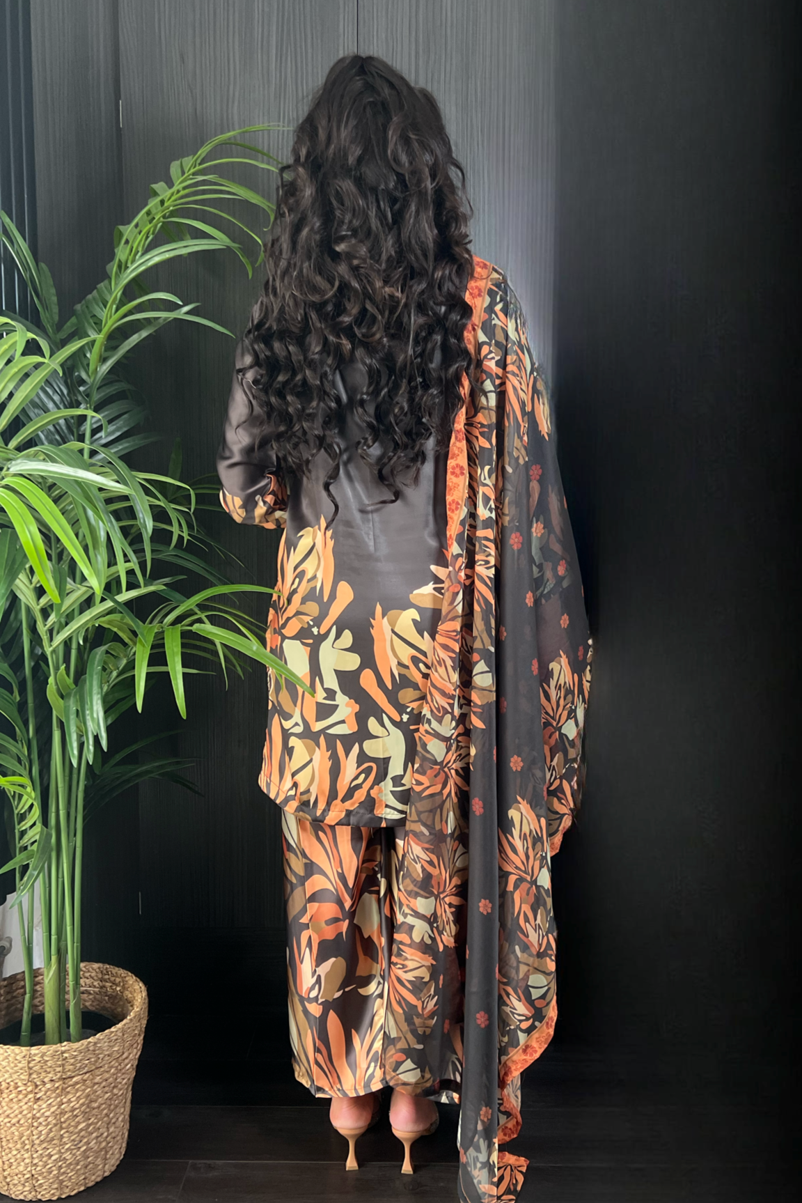 Jasmine Black Leaf Printed Satin Silk 3 Piece Suit