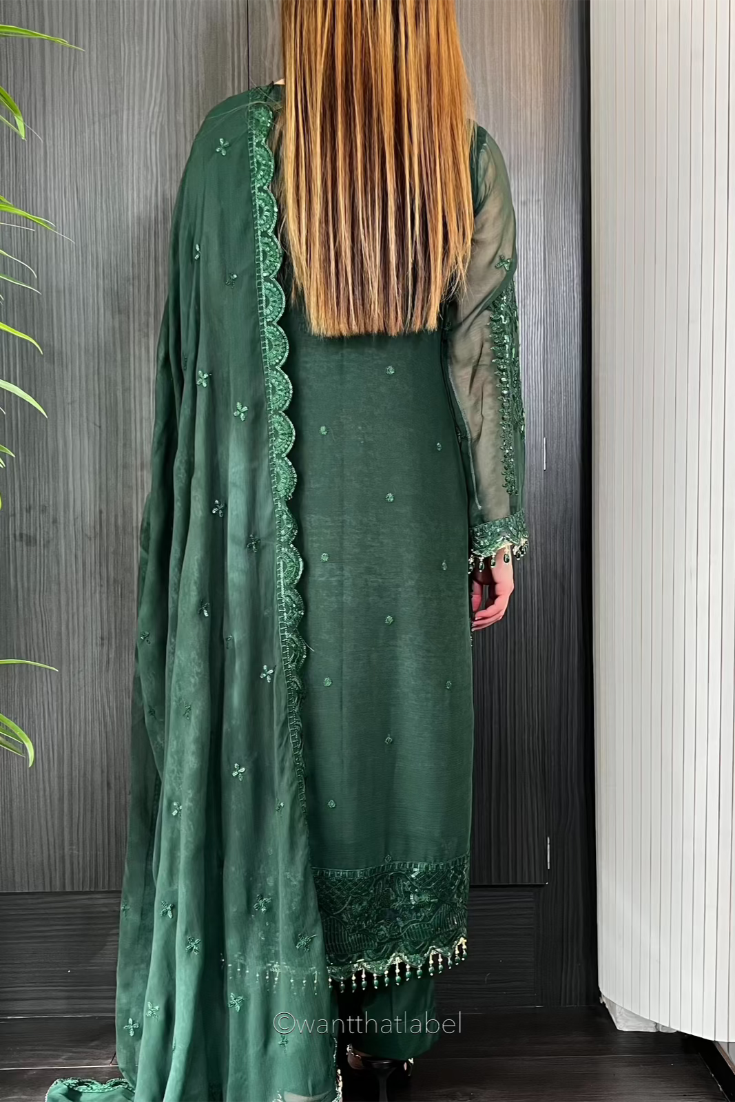 Prêt Zehra Bottle Green Heavily Embroidered Chiffon Suit