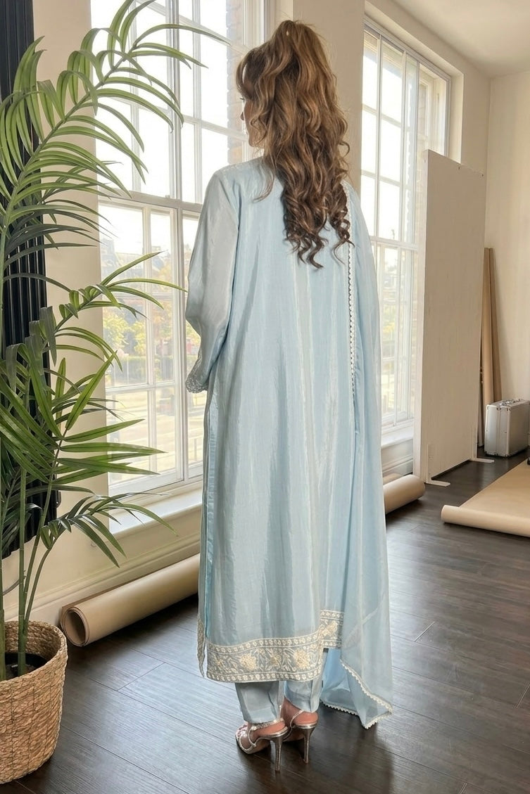 Hafsa Blue Raw Silk Pearl Embroidered Long Kameez 3 Piece Suit