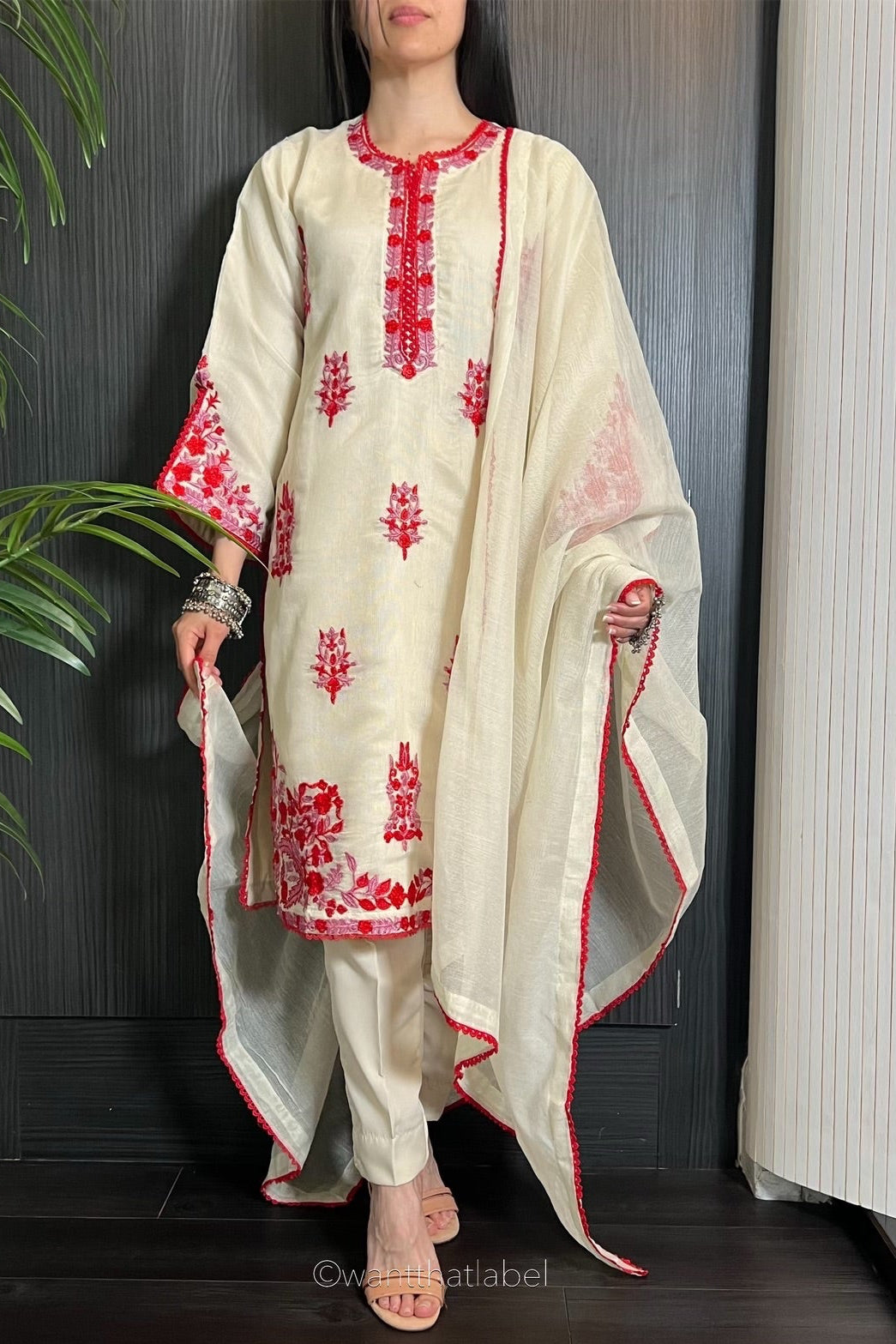 Kirrum Ivory Red Pink Embroidered Khadi Net Suit