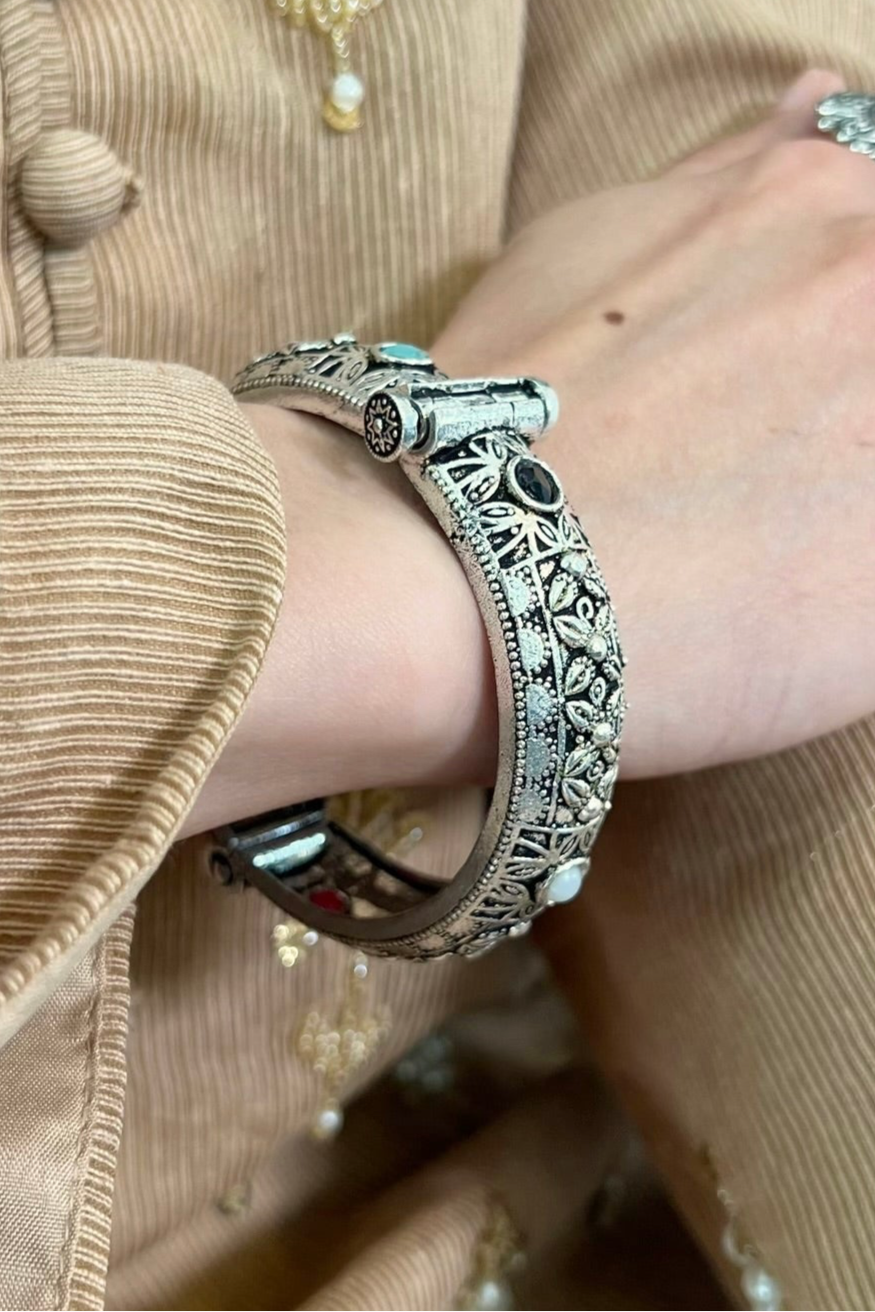 Falak Silver Oxidized Vintage Multi Stone Bangle