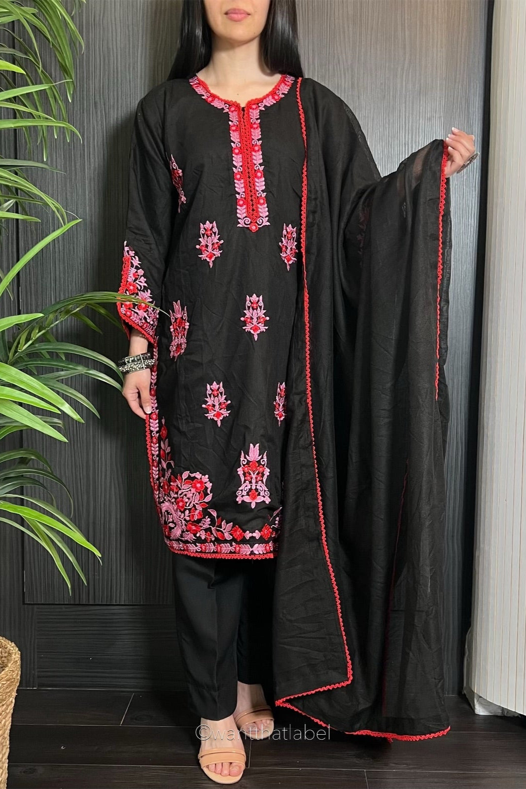 Sameera Black Red Pink Embroidered Khadi Net Suit