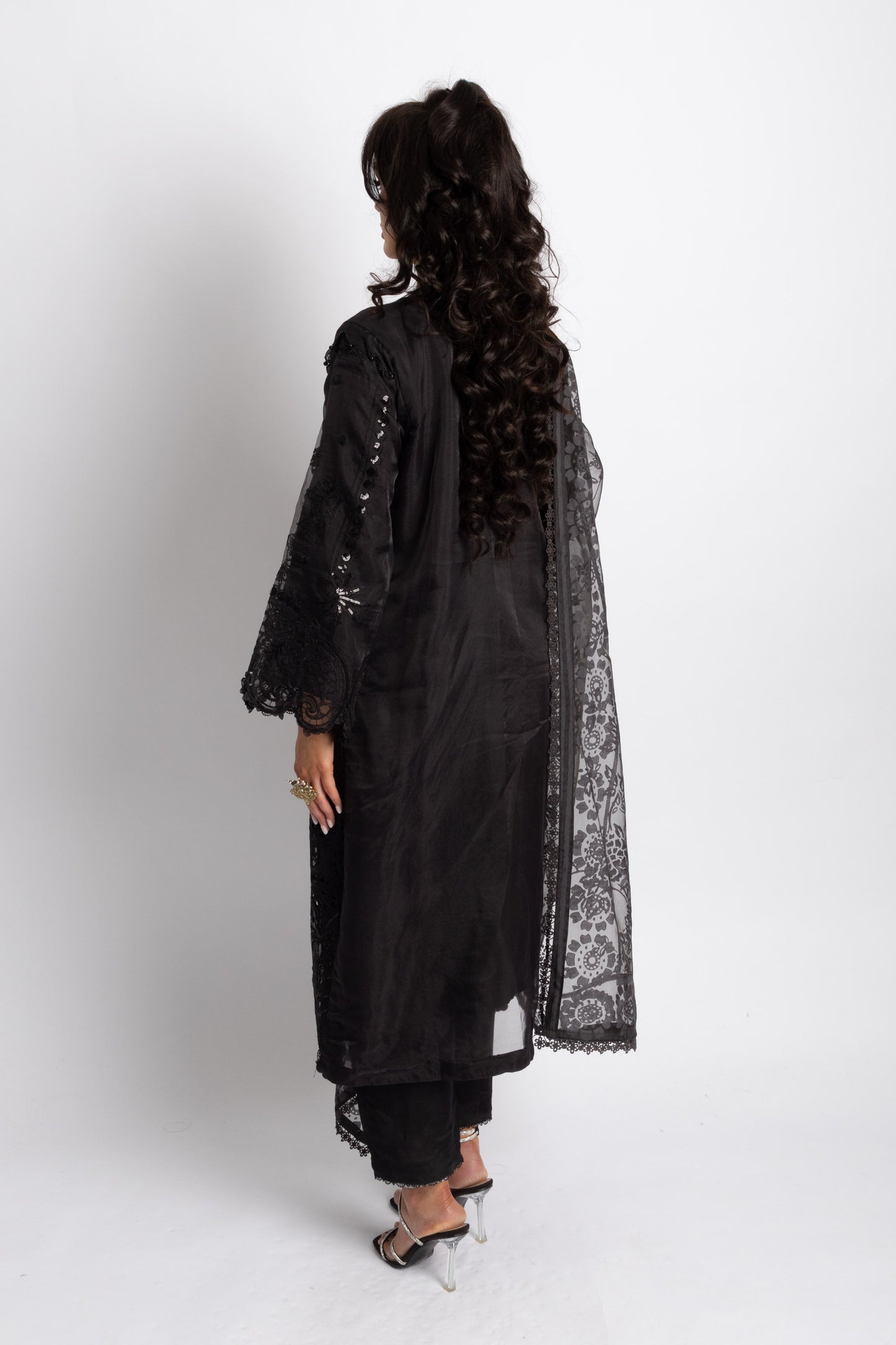 Looms Black Hand Embroidered Cutwork Cotton Suit