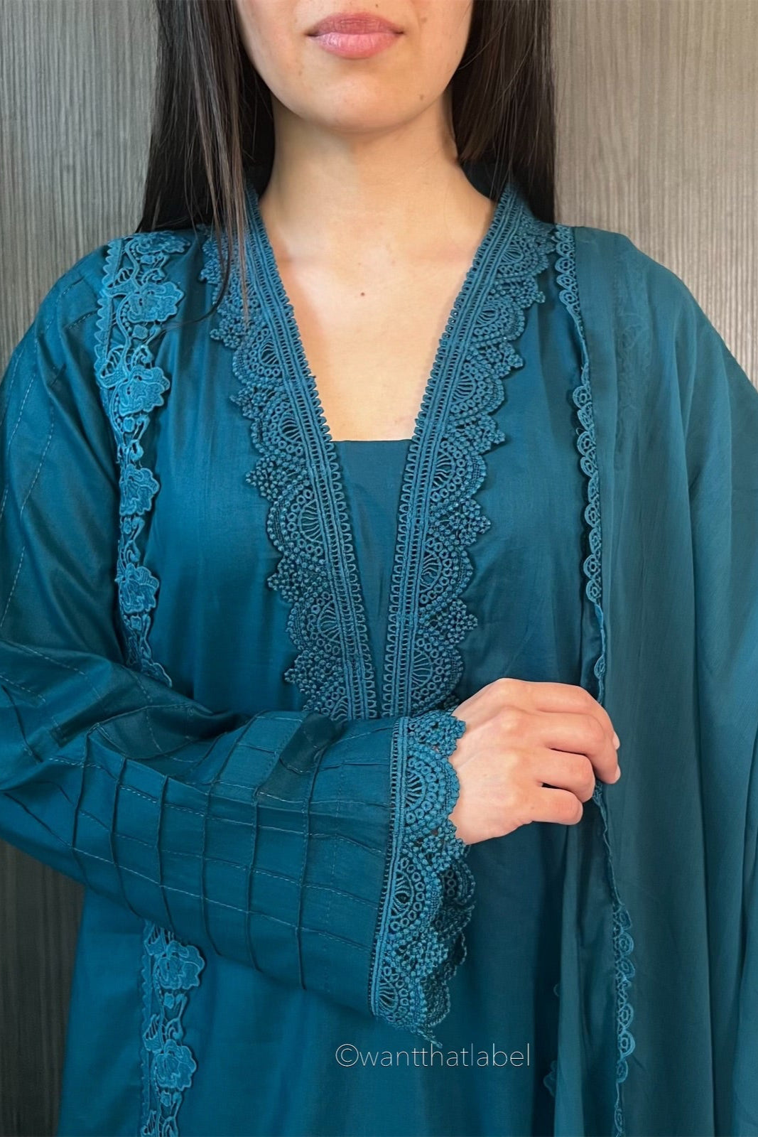 Anam Teal Cotton Lace Detailed Long Kameez Suit