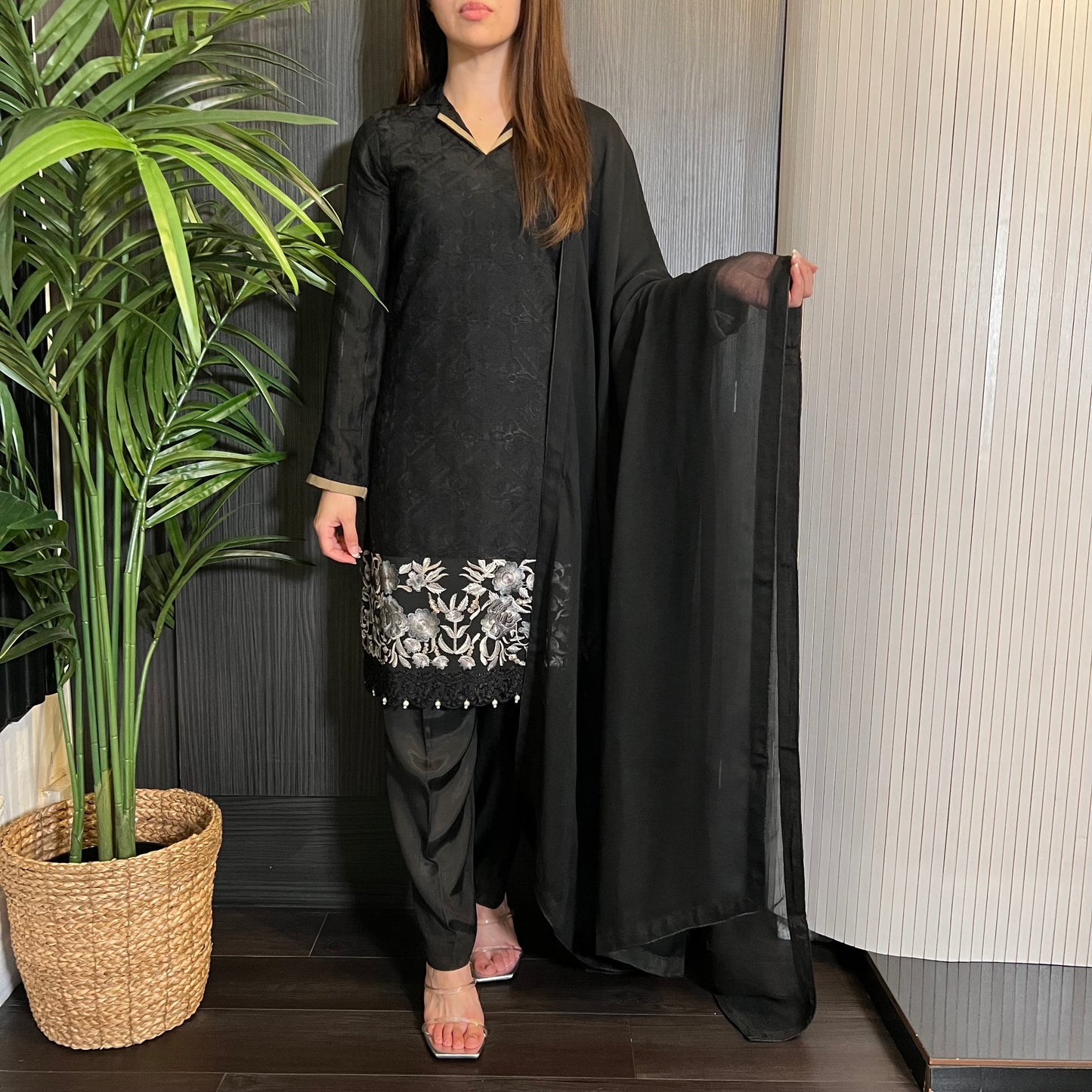 Areeba Saleem Original Black Brown Collar Embroidered Suit