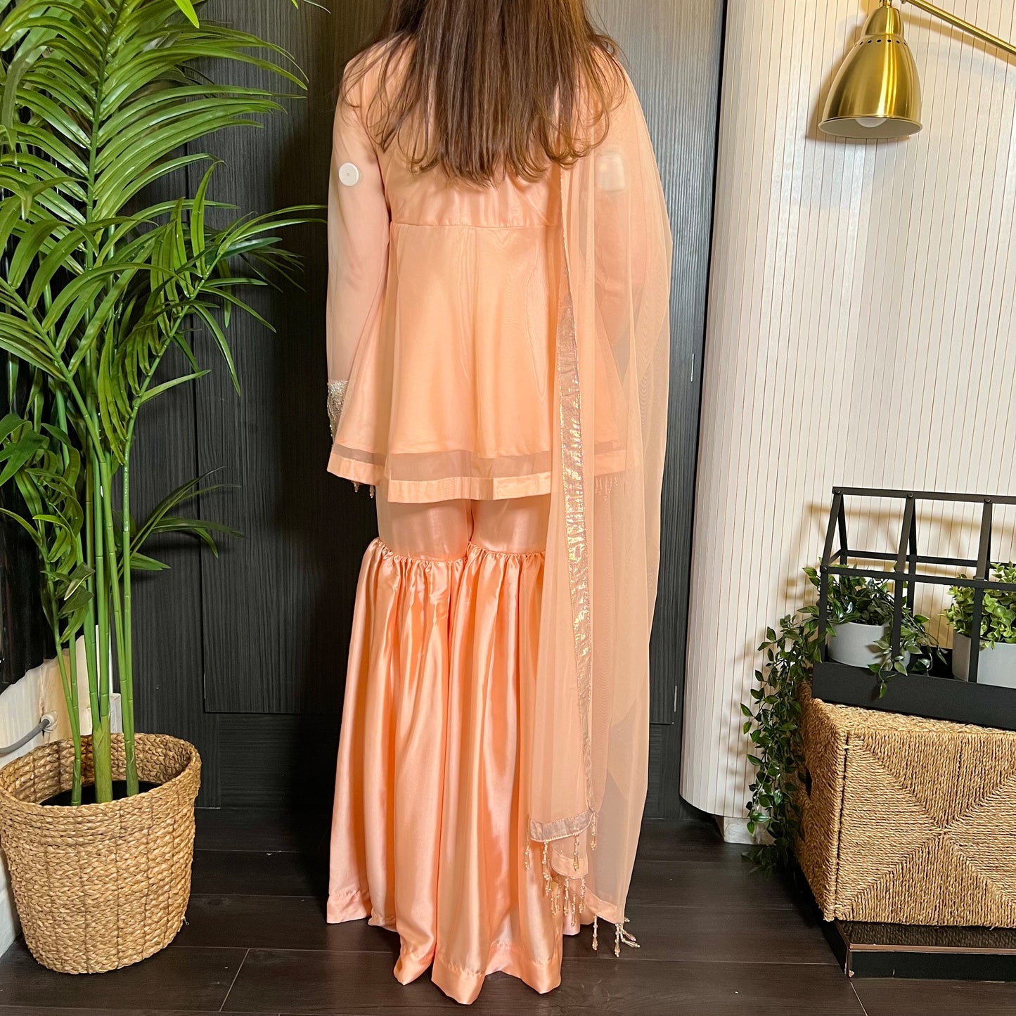 Peach Heavily Beaded Peplum Garara Suit
