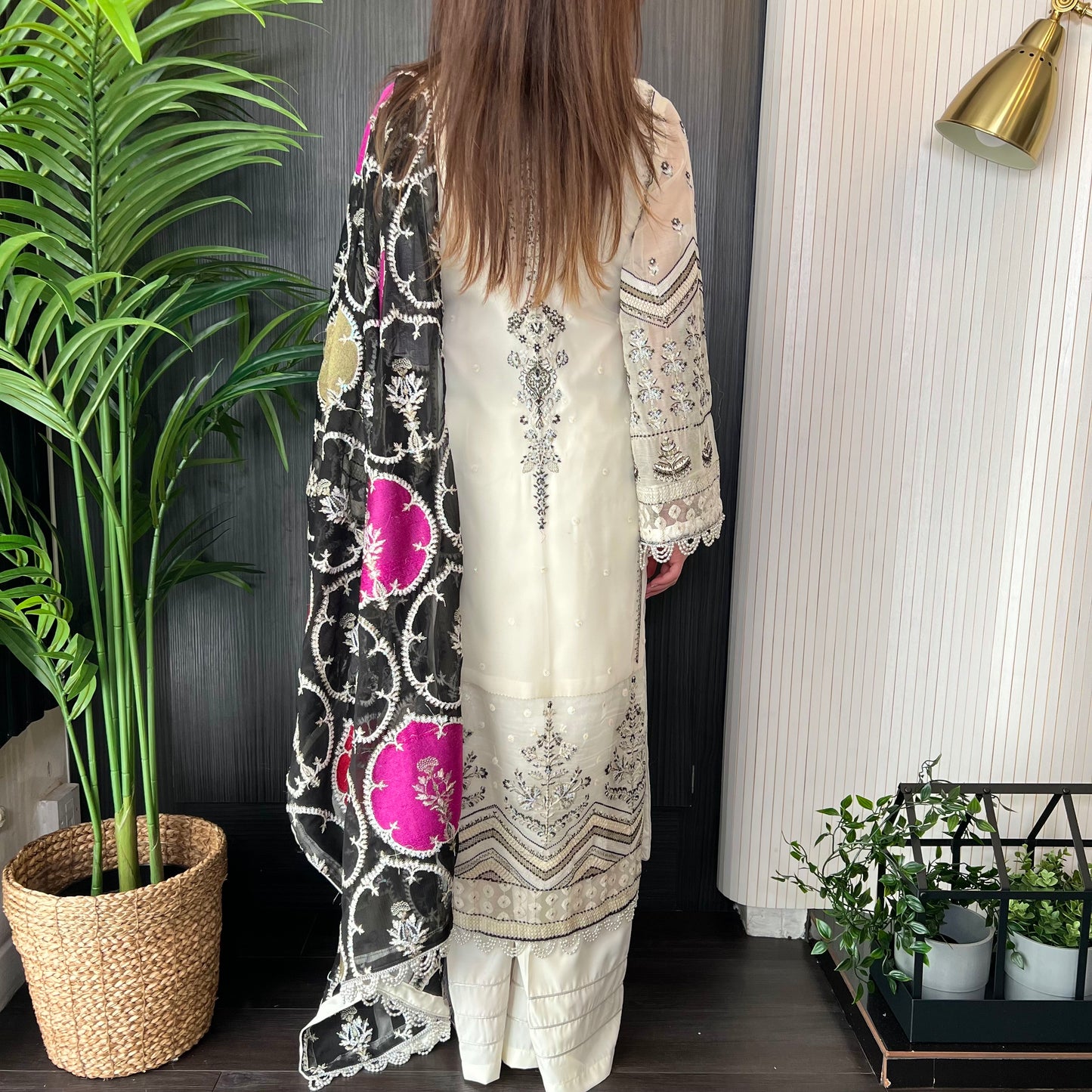 Anaya Inspired Ivory Black Heavily Embroidered Chiffon Suit