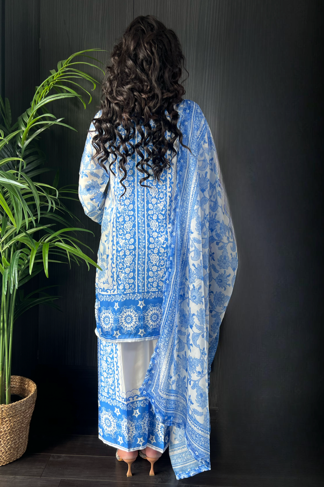 Hania White Blue Printed Satin Silk 3 Piece Suit