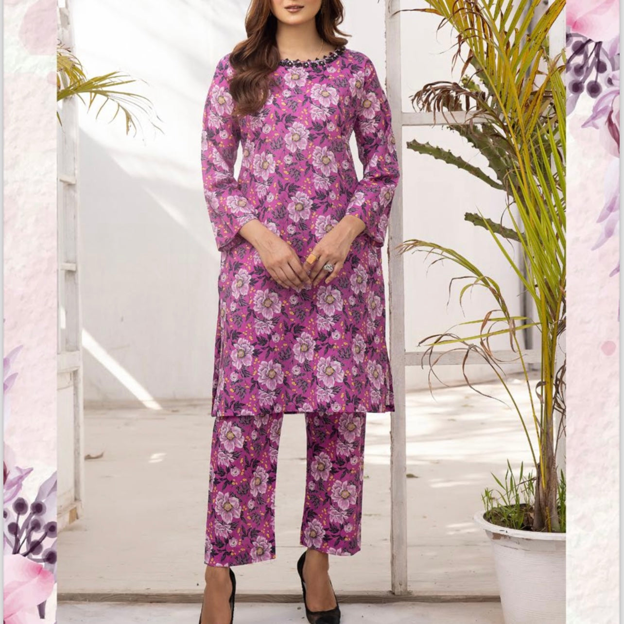 Simrans Fuchsia Pink Floral Lawn Two Piece Suit