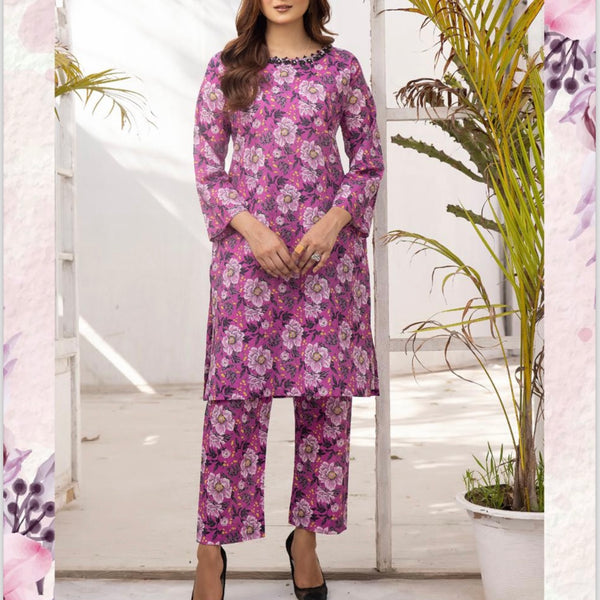 Simrans Fuchsia Pink Floral Lawn Two Piece Suit