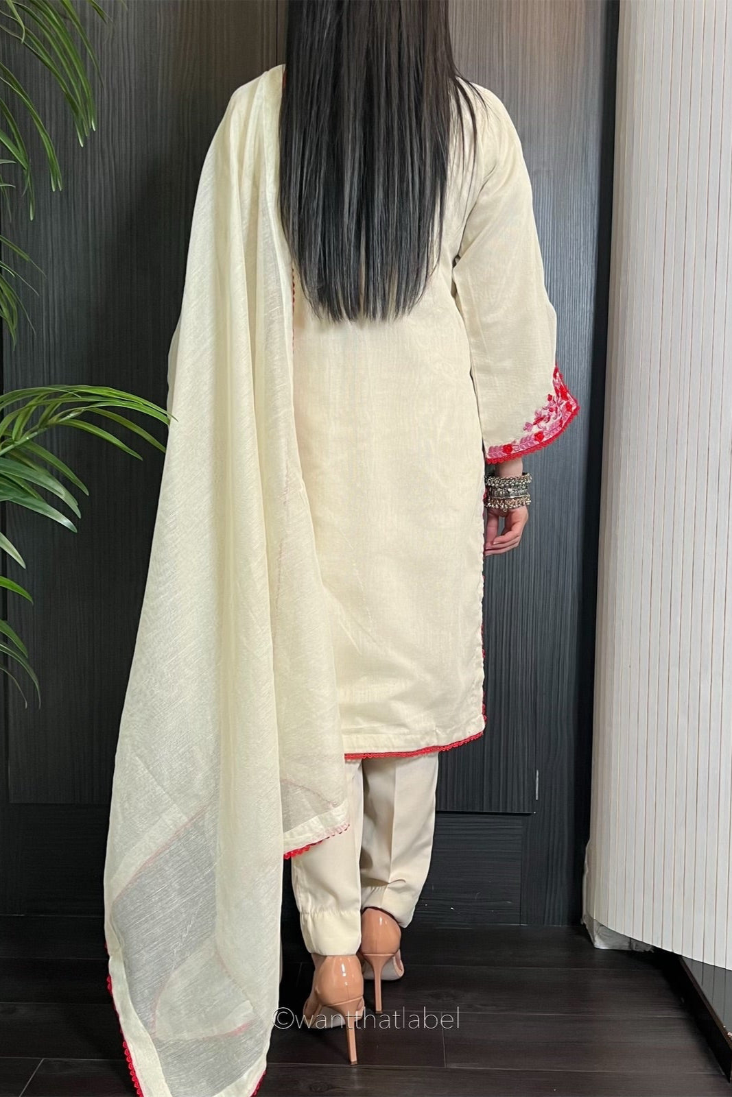 Kirrum Ivory Red Pink Embroidered Khadi Net Suit