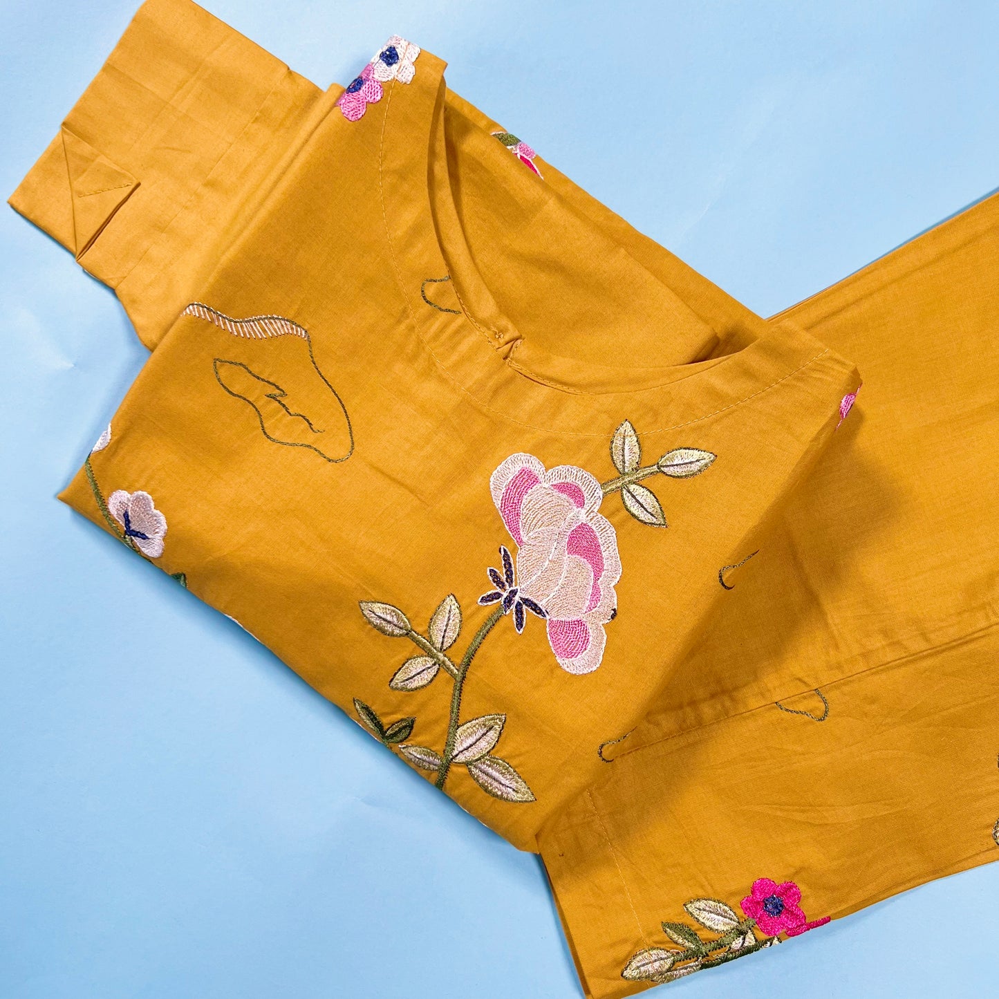 Kids Mustard Bird Embroidered Lawn Kurta Suit