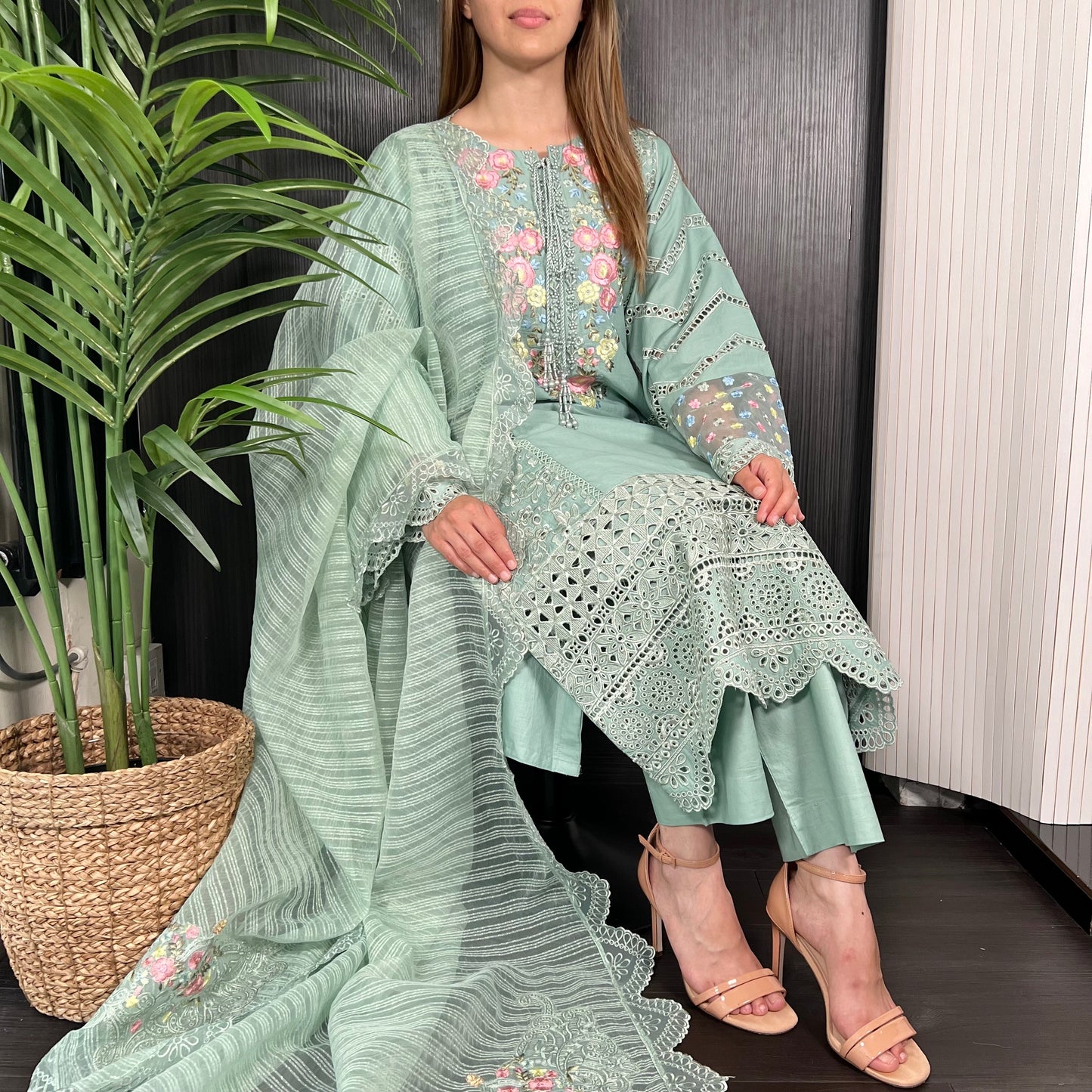 Karma Original Teal Pearl Embroidered Kameez Suit