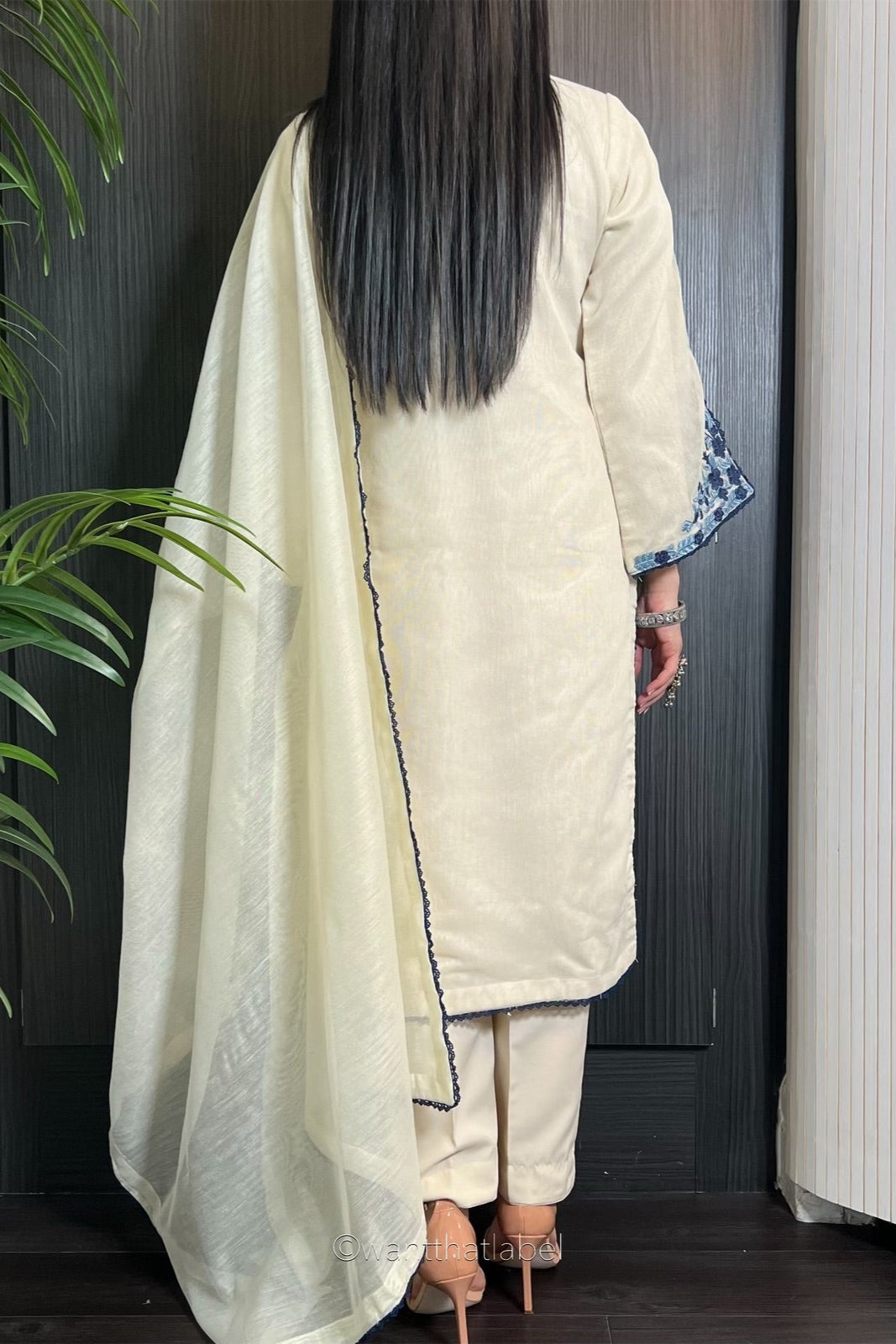 Tia Ivory Blue Embroidered Khadi Net Suit