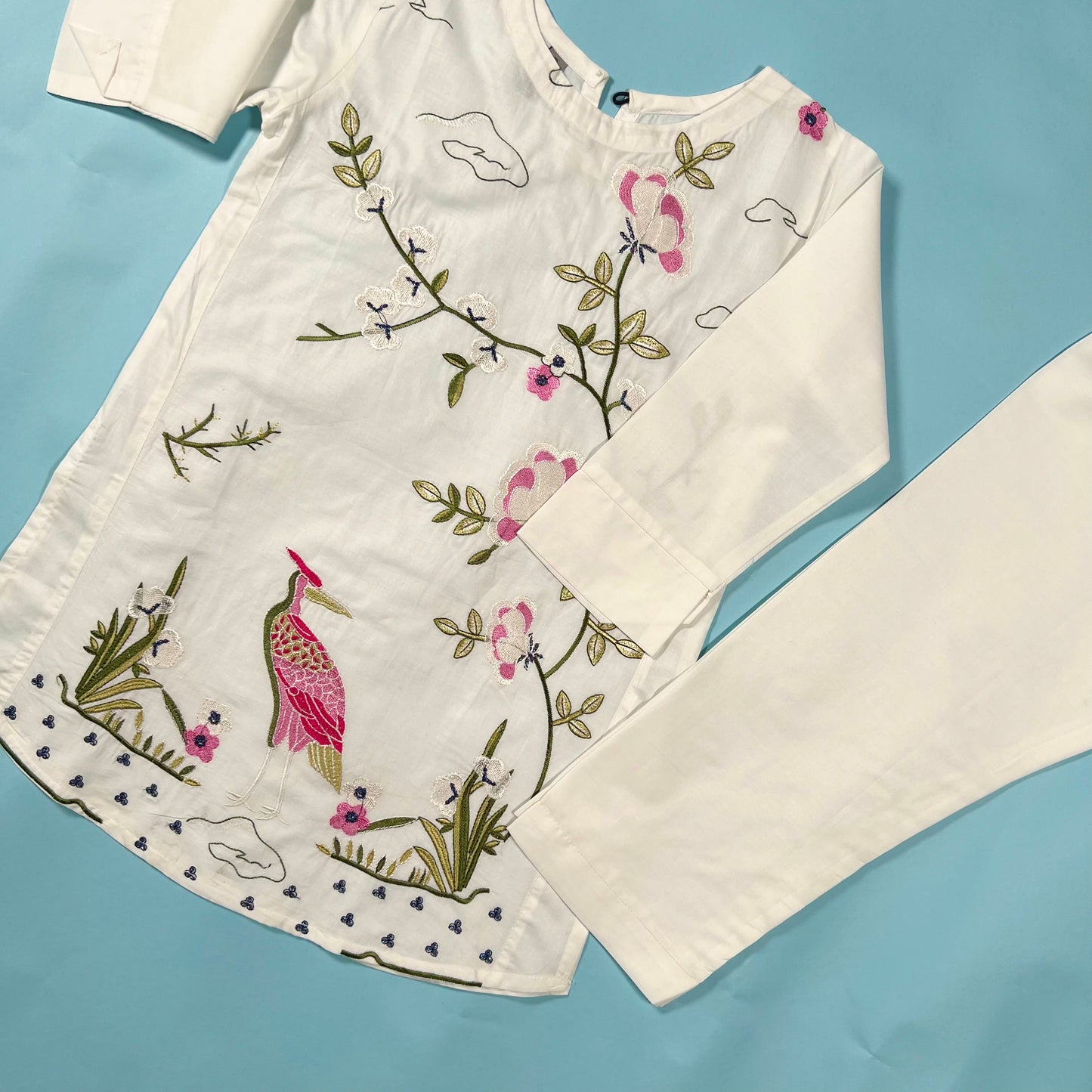 Kids White Bird Embroidered Lawn Kurta Suit