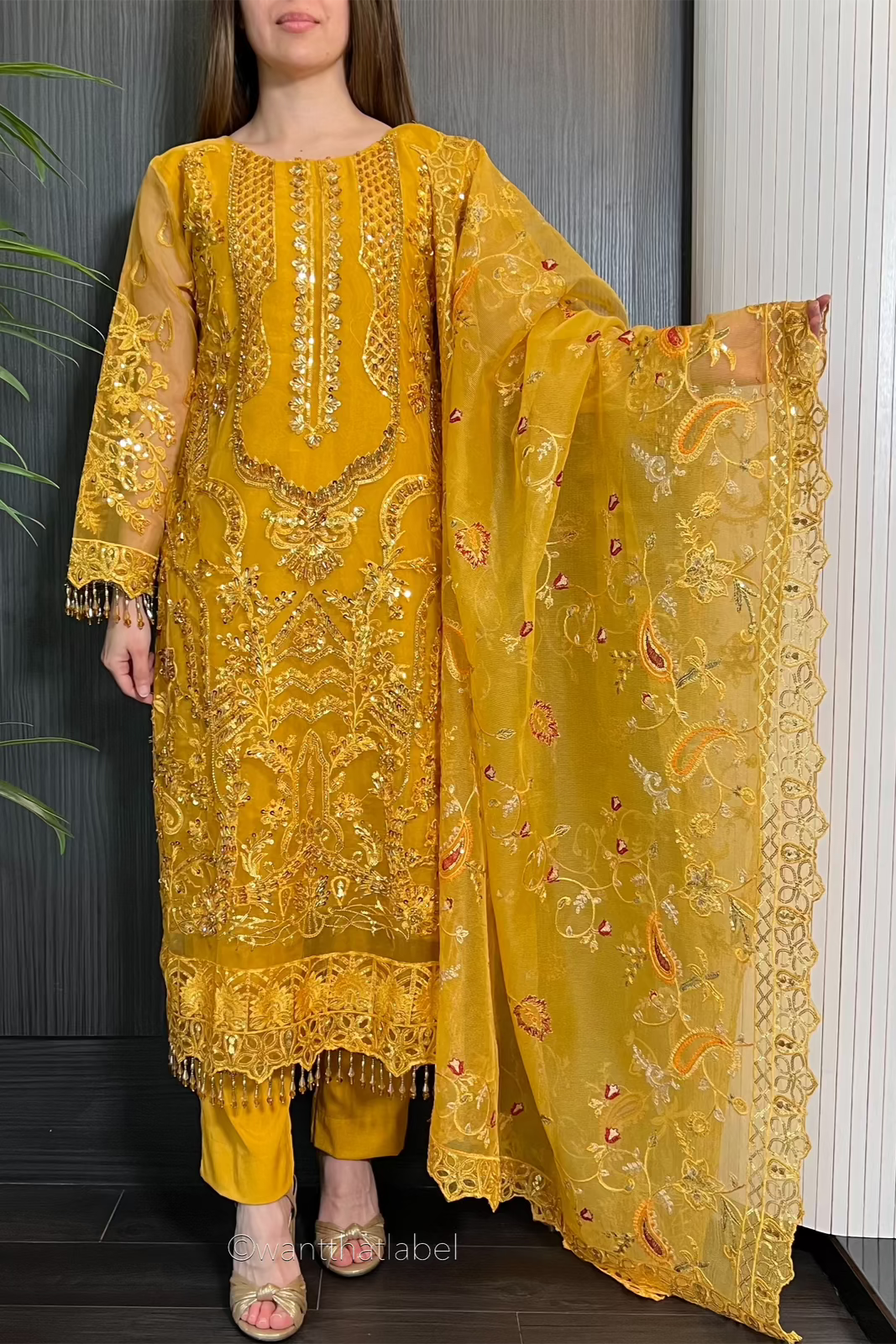 Prêt Nisa Mustard Heavily Embroidered Organza Suit