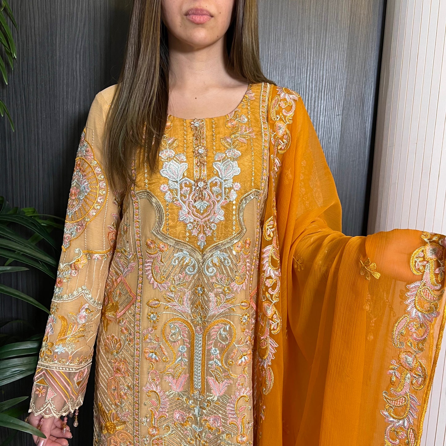 Gold Orange Heavily Embroidered Chiffon Suit