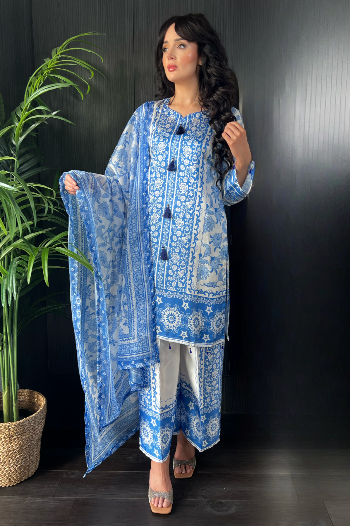 Hania White Blue Printed Satin Silk 3 Piece Suit