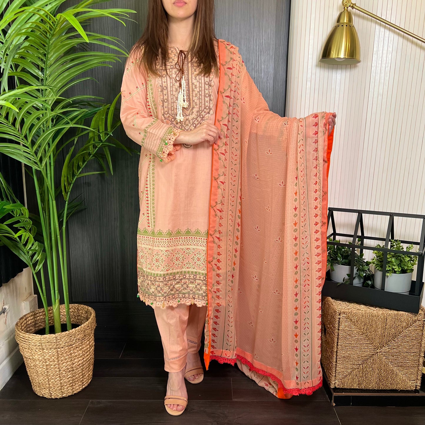 Sobia Nazir Inspired Peach Brown Print Lawn Suit