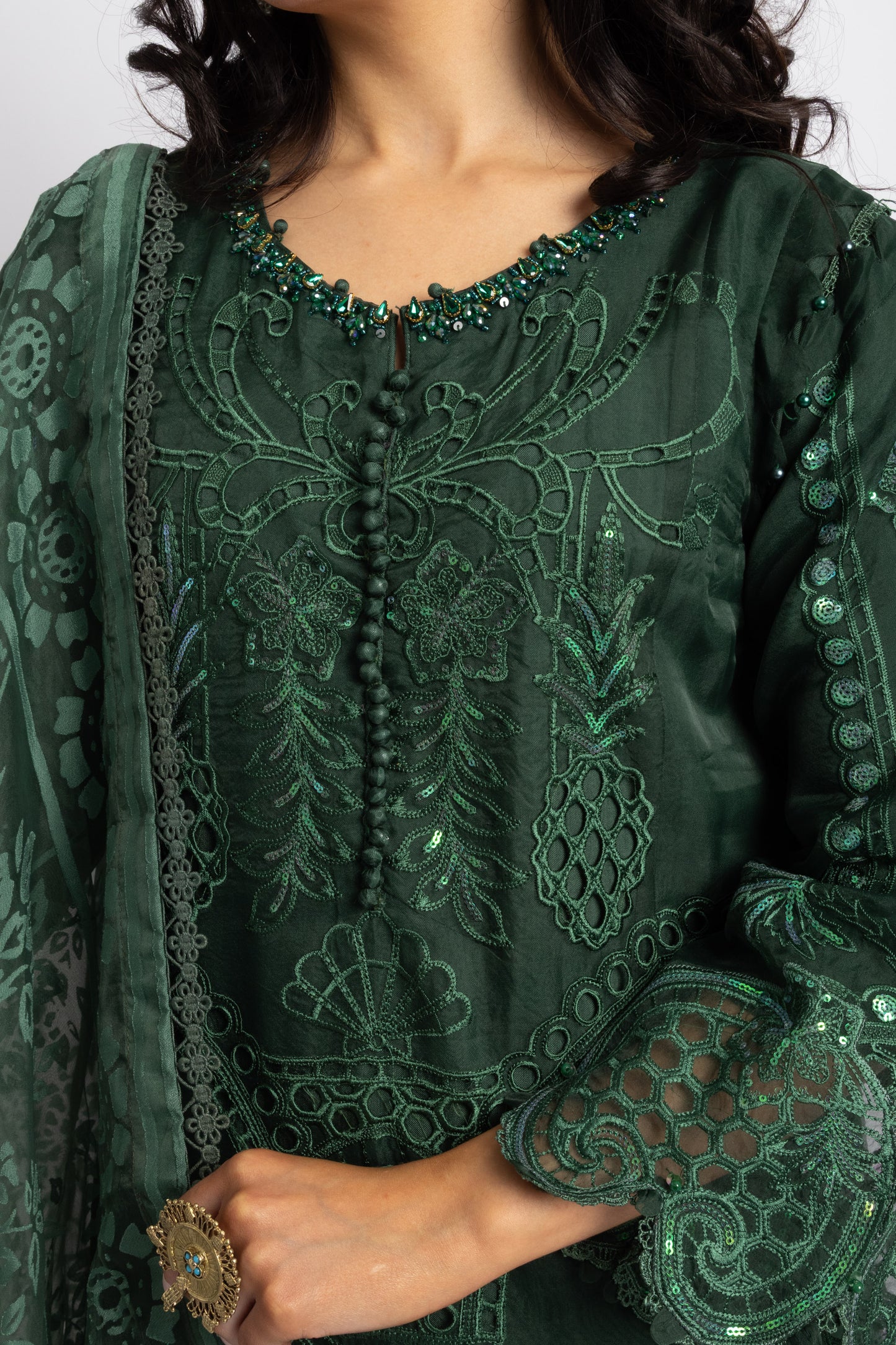 Looms Bottle Green Hand Embroidered Cutwork Cotton Suit