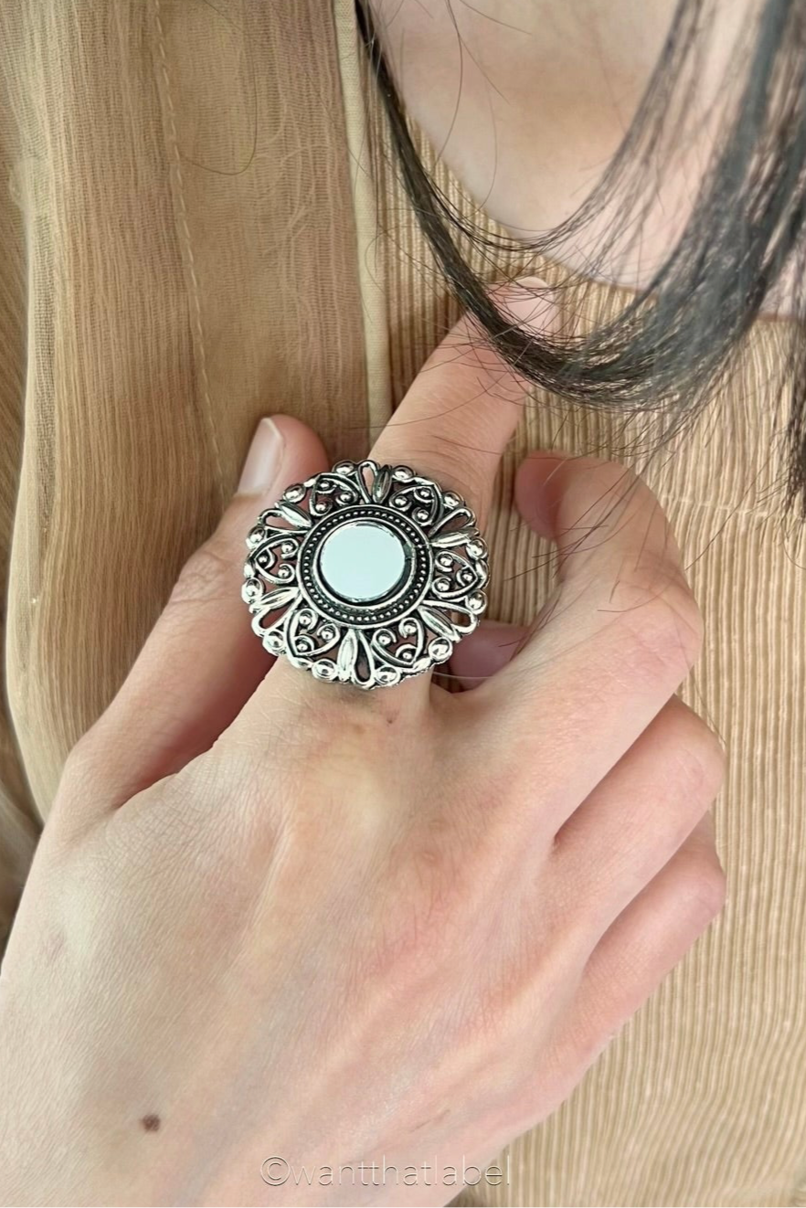 Shirin Silver Oxidized Flower Mirror Round Ring